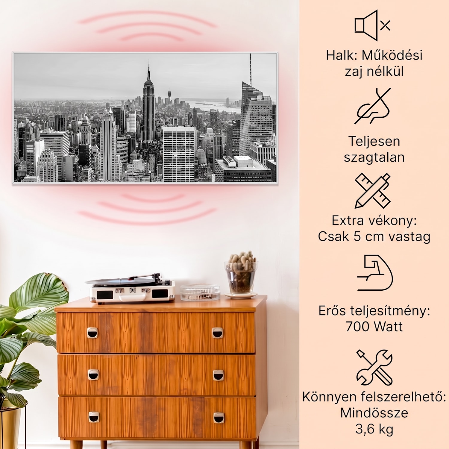 Wonderwall Air Art Smart, infravörös hősugárzó, 120 x 60 cm, 700 W, New York City 120 x 60 cm | 700 W | NYC | Fehér