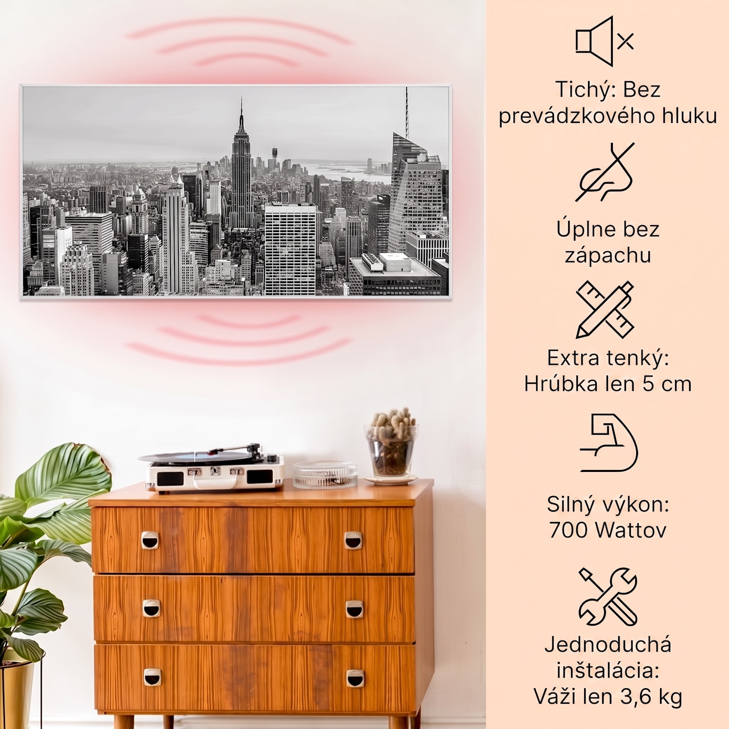 Wonderwall Air Art Smart, infračervený ohrievač, 120 × 60 cm, 700 W, New York City 120 x 60 cm | 700 W | NYC | Biela