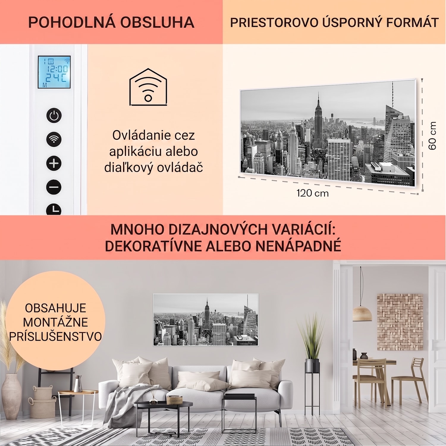 Wonderwall Air Art Smart, infračervený ohrievač, 120 × 60 cm, 700 W, New York City 120 x 60 cm | 700 W | NYC | Biela