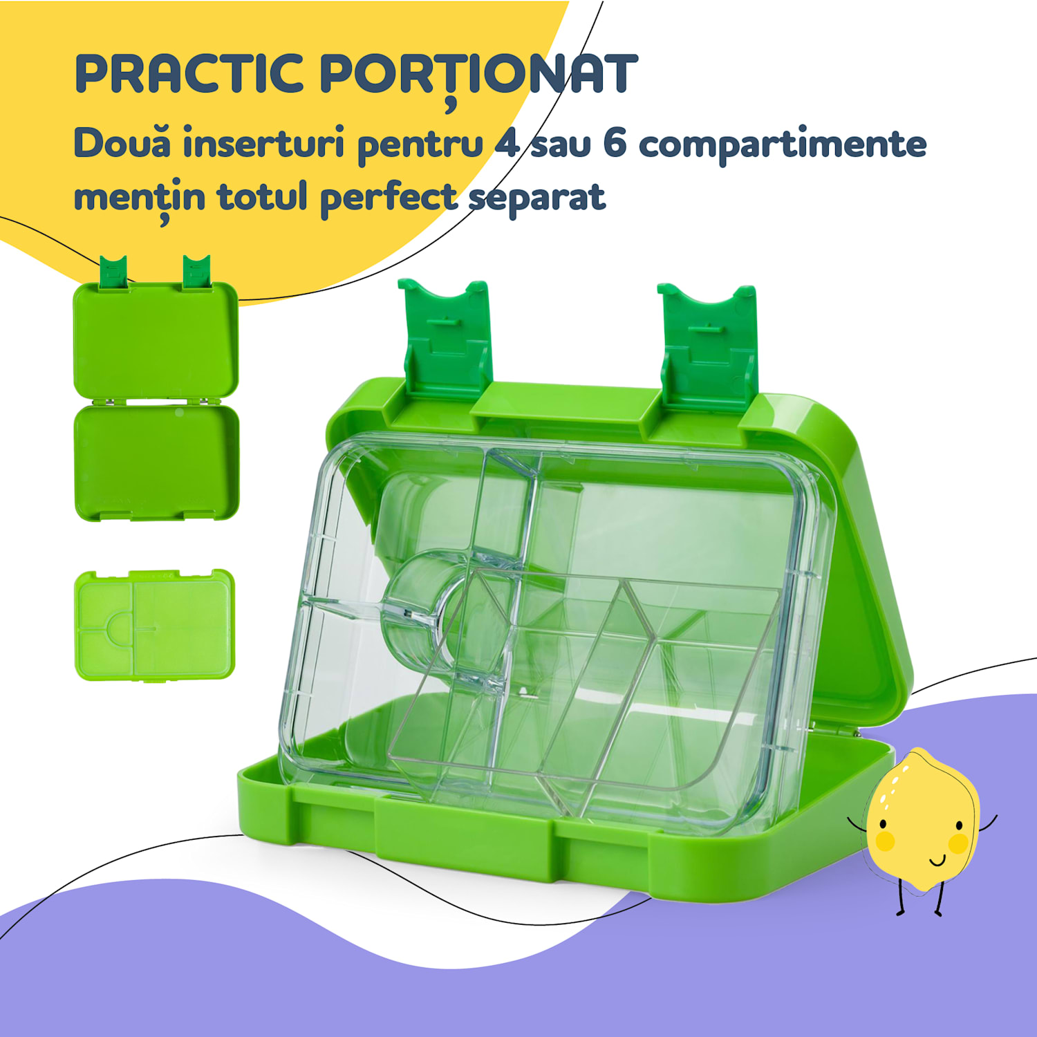 Schmatzfatz junior, cutie pentru gustări, 6 compartimente, 21,3 × 15 × 4,5 cm Verde