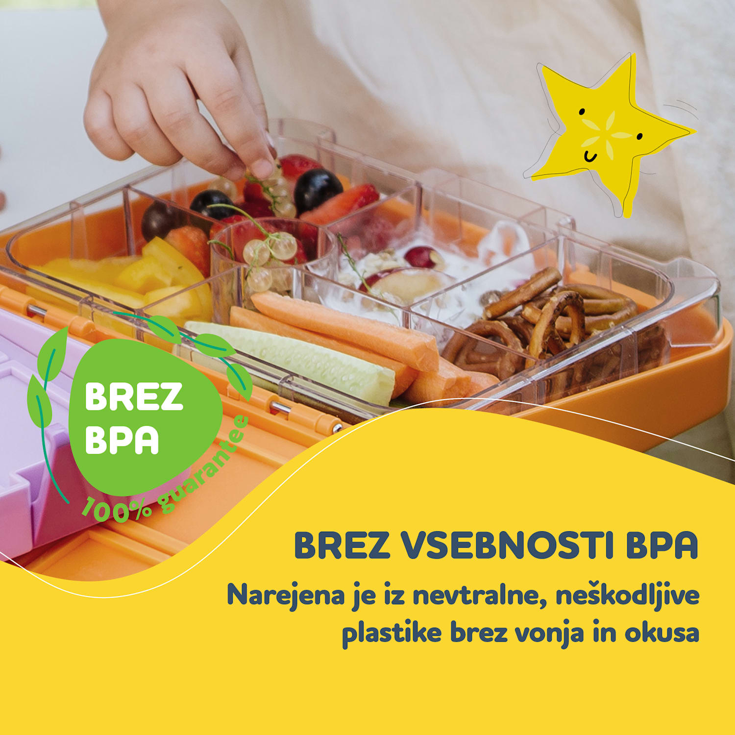 Schmatzfatz junior, škatla za malico, 6 predelov, 21,3 × 15 × 4,5 cm Oranžna