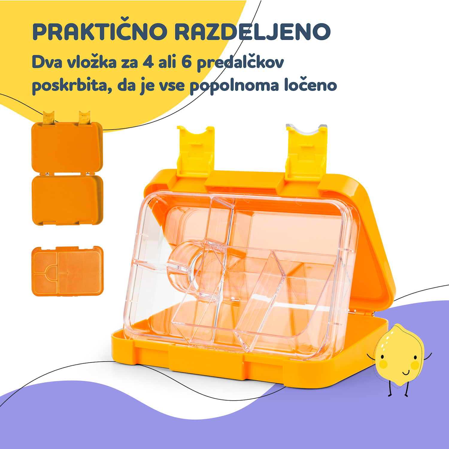 Schmatzfatz junior, škatla za malico, 6 predelov, 21,3 × 15 × 4,5 cm Oranžna