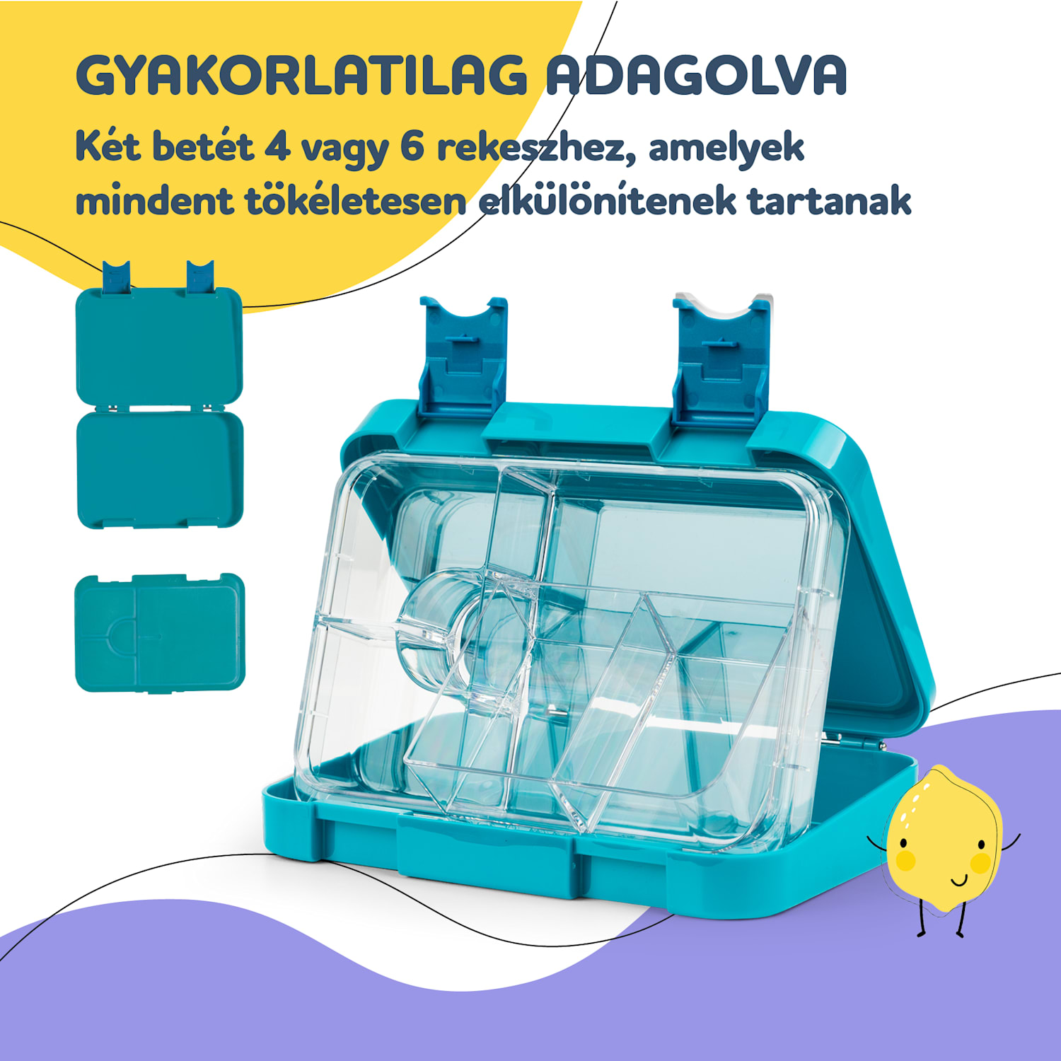 Schmatzfatz junior, tízórais doboz, 6 rekesz, 21,3 x 15 x 4,5 cm Benzin Kék