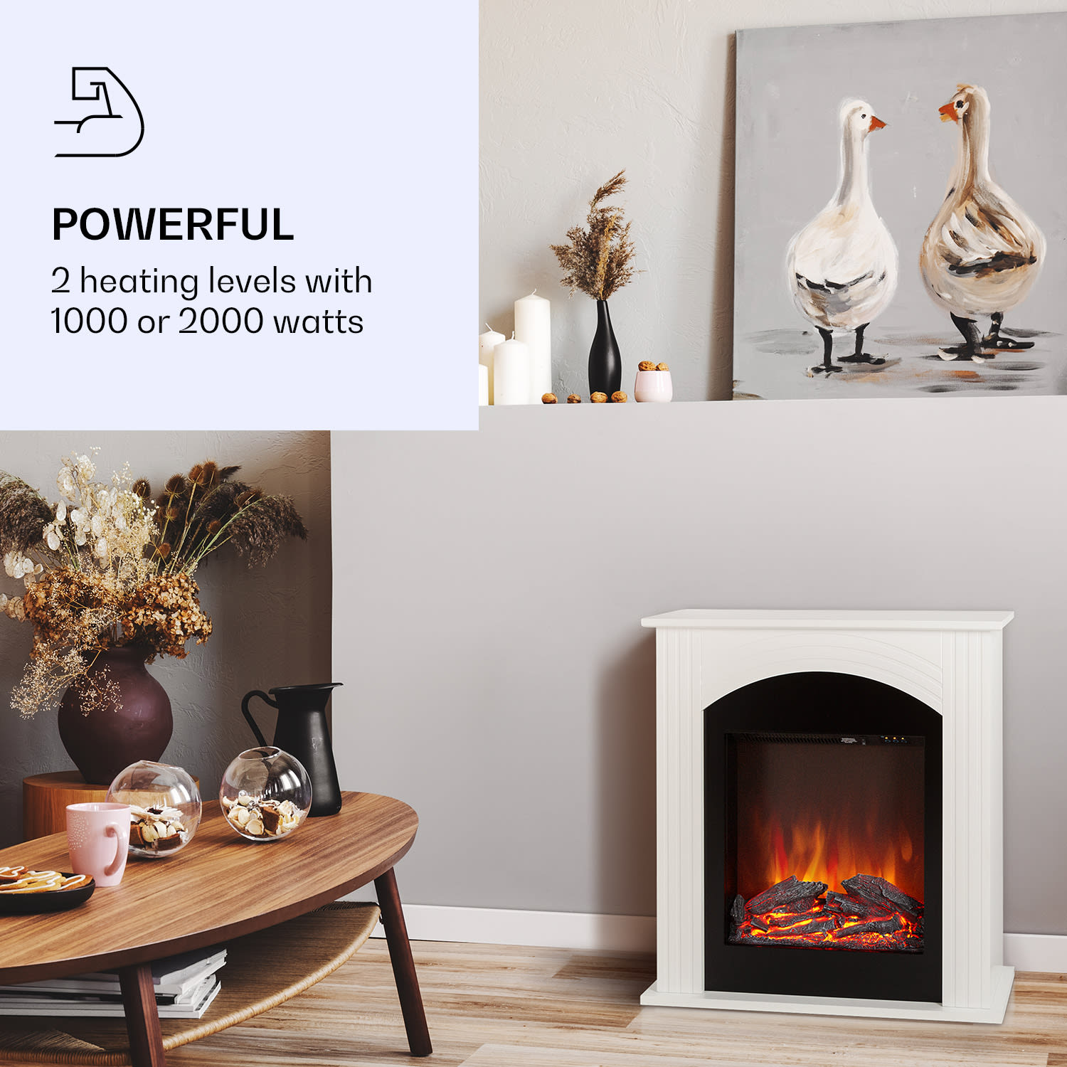 Elbrus, električni kamin, 2000 W, LED tehnologija, daljinsko upravljanje Bijela