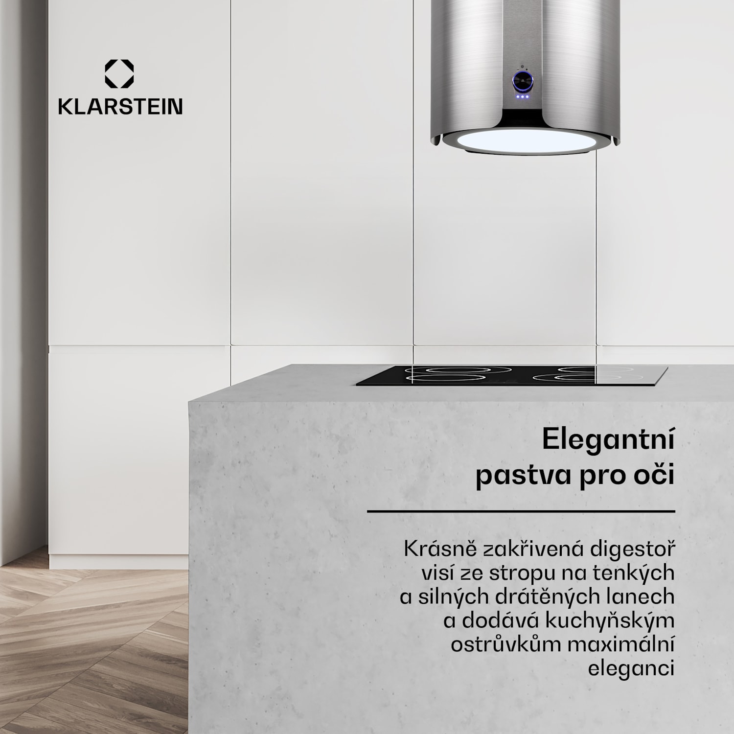 Skyfall, digestoř, 45 cm, ostrůvková, 402 m³/h, LED, nerezová ocel, stříbrná 