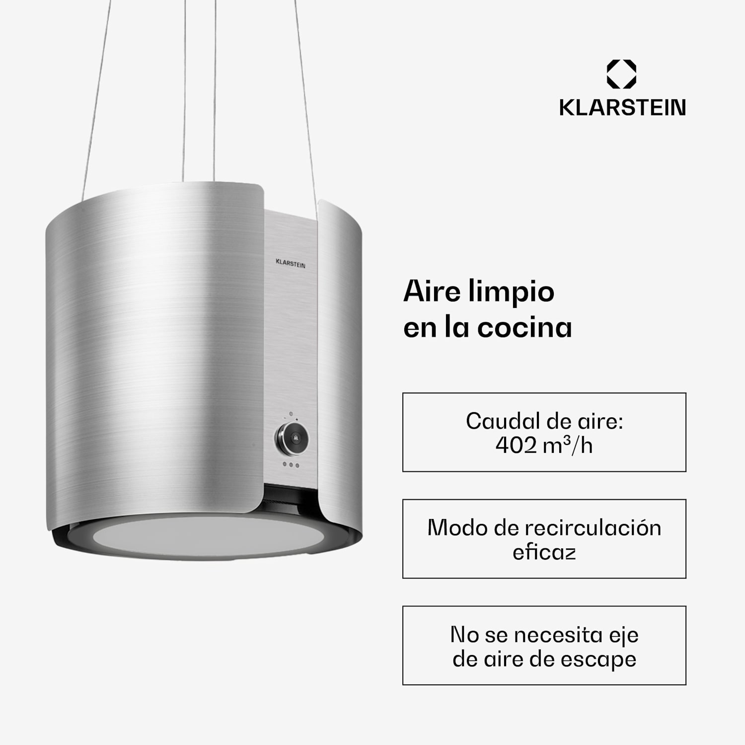 Skyfall Campana de isla Ø45cm Recirculación de aire 402m³/h Led Acero Inoxidable