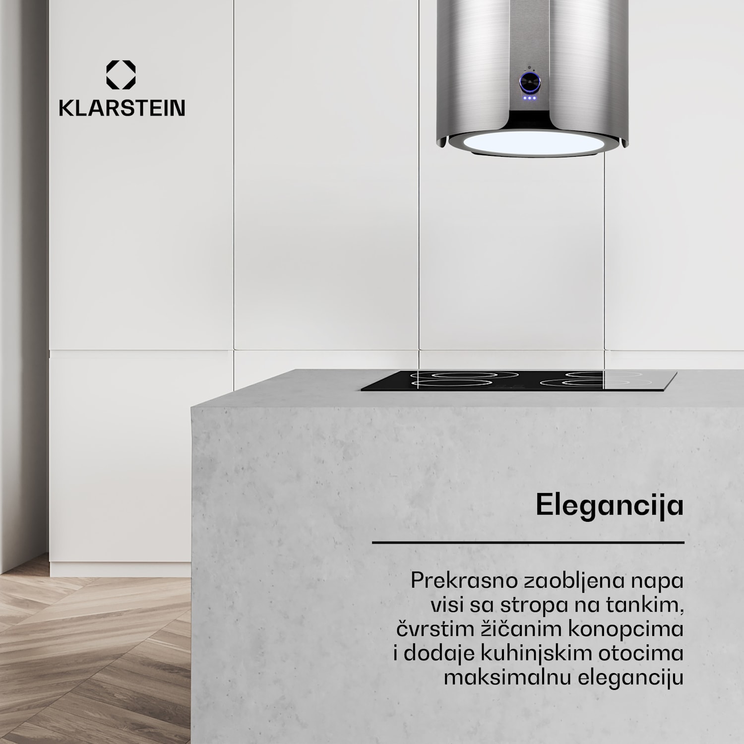 Skyfall, otočna napa, Ø 45 cm, recirkulacija, 402 m³ / h, LED, srebrna Nehrđajući čelik