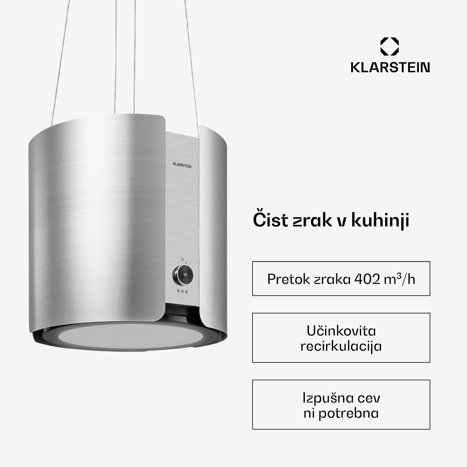 Skyfall, otočna napa, Ø 45 cm, recirkulacija 402 m³/h, LED, nerjaveče jeklo, srebrna Nerjaveče jeklo