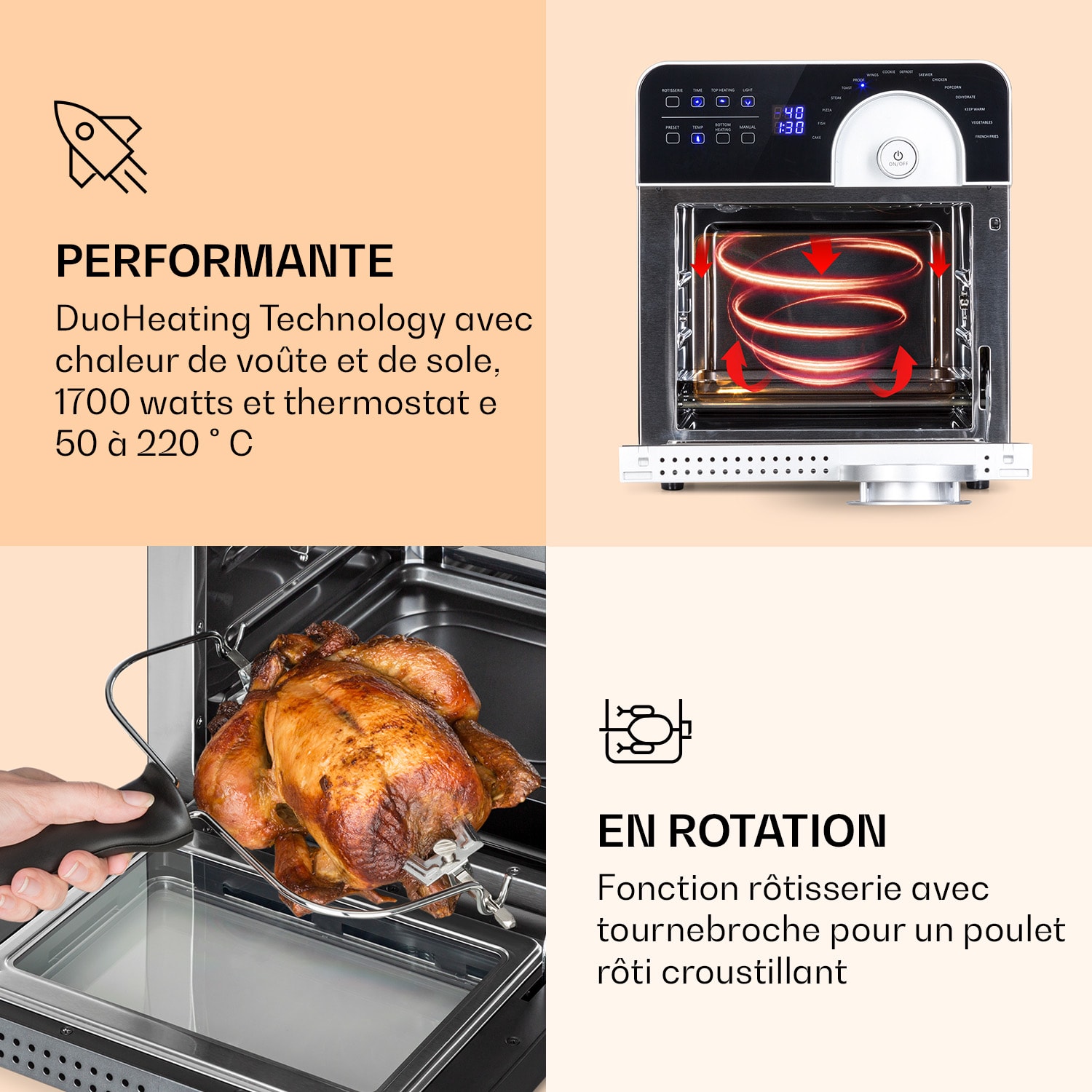 AeroVital Cube Chef Friteuse à air chaud  1700 W 14 litres 16 programmes Chaleur de dessus et de dessous Argent Métallisé