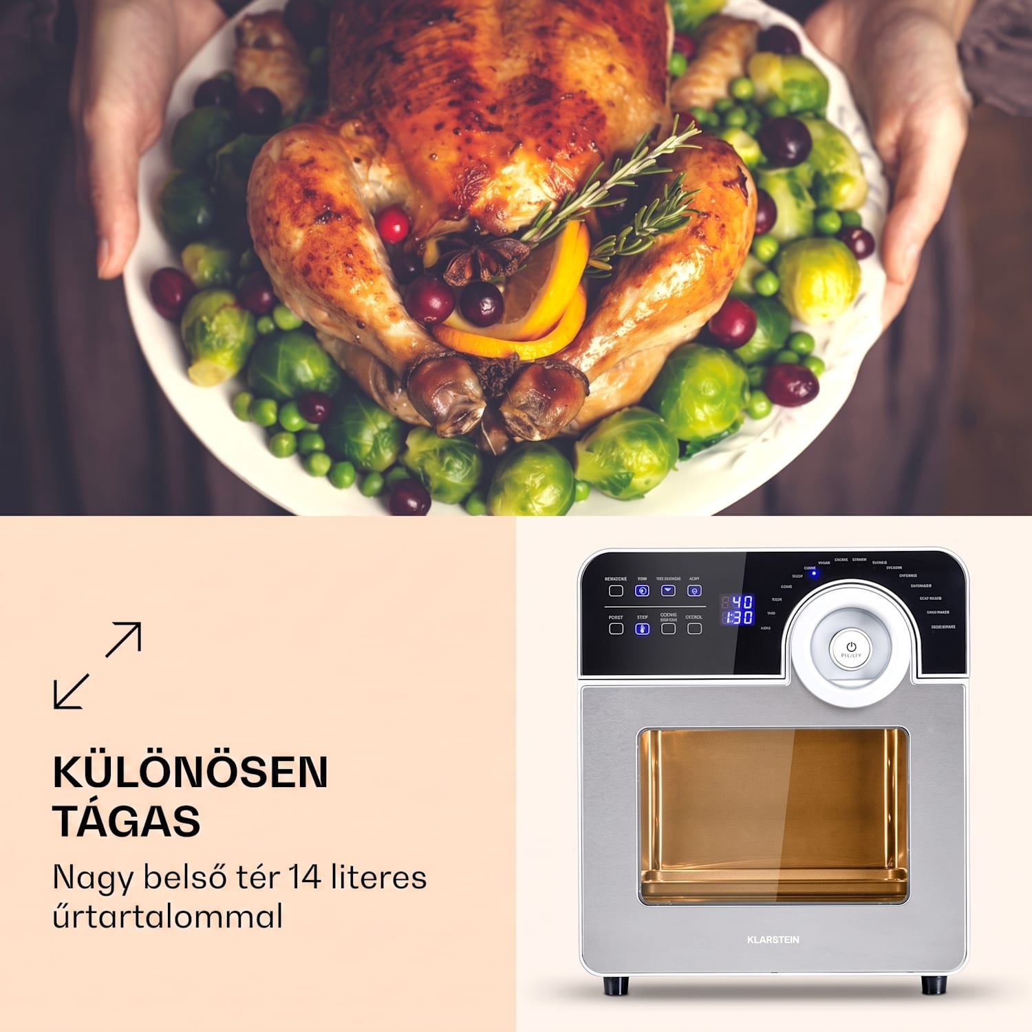 AeroVital Cube Chef, forrólevegős fritőz, 1700 W, 14 l, 16 program, felső és alsó fűtés Ezüst metál
