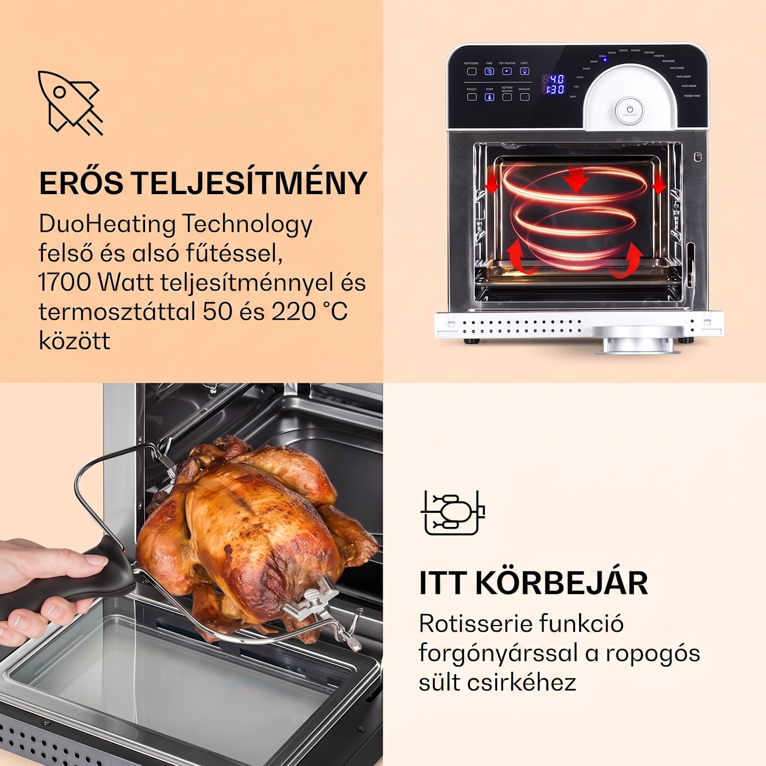 AeroVital Cube Chef, forrólevegős fritőz, 1700 W, 14 l, 16 program, felső és alsó fűtés Ezüst metál