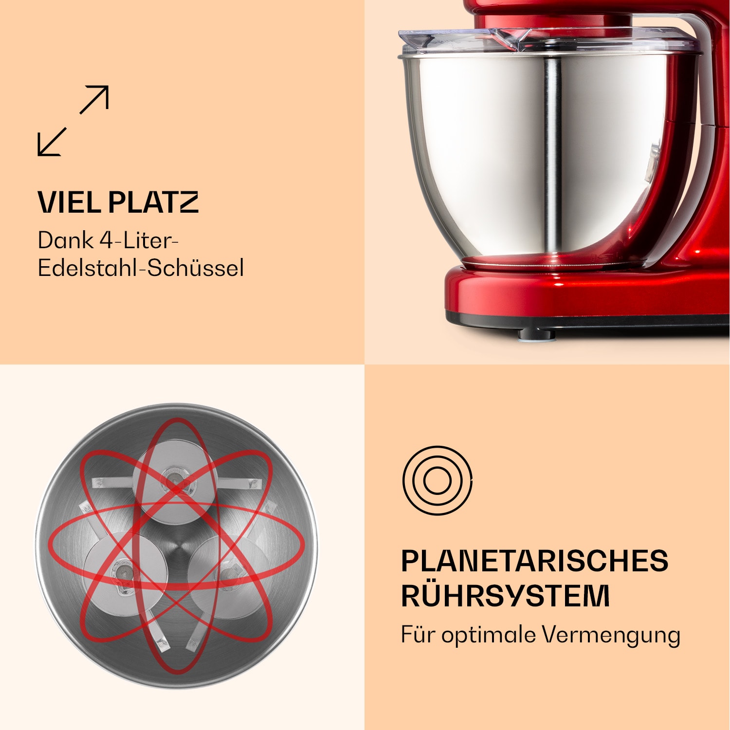 Bella Mini Rührmaschine 1200 W 6 Stufen 4 Liter Edelstahl Pulsfunktion Rot