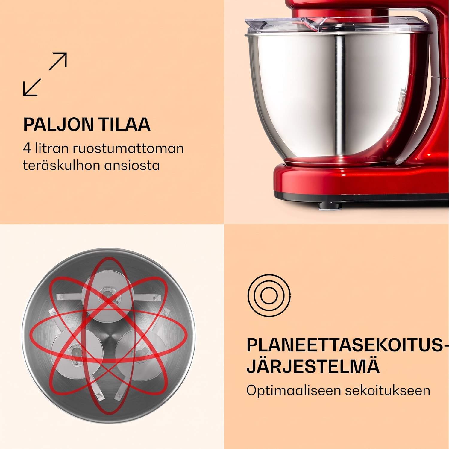 Bella Mini -yleiskone 1200 W 6 tasoa 4 litraa ruostumaton teräs sykäystoiminto Punainen