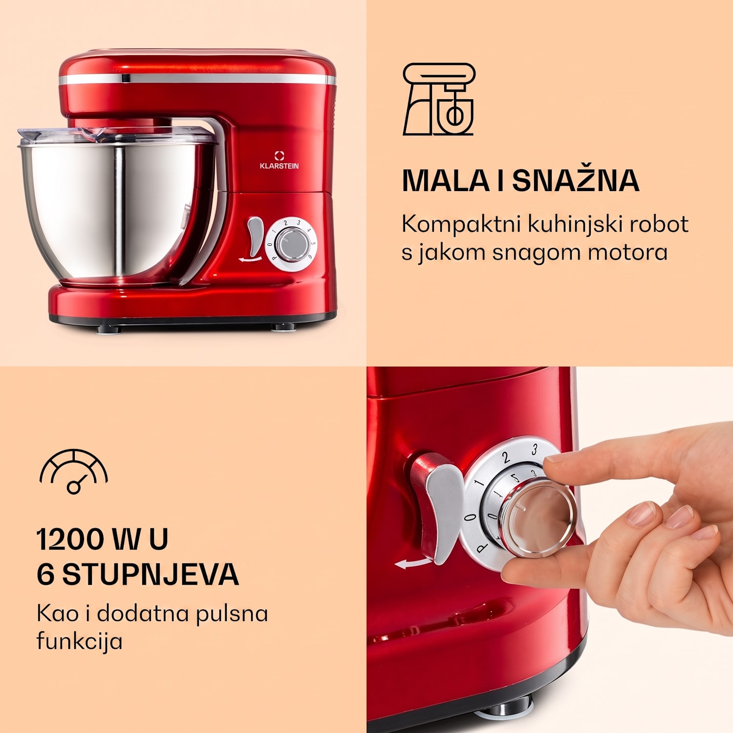 Bella Mini robot za miješanje 1200 W 6 koraka 4 litre Nehrđajući čelik Pulsna funkcija Crvena
