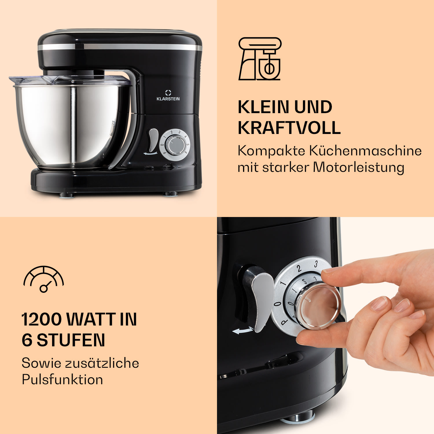 Bella Mini Rührmaschine 1200 W 6 Stufen 4 Liter Edelstahl Pulsfunktion Schwarz