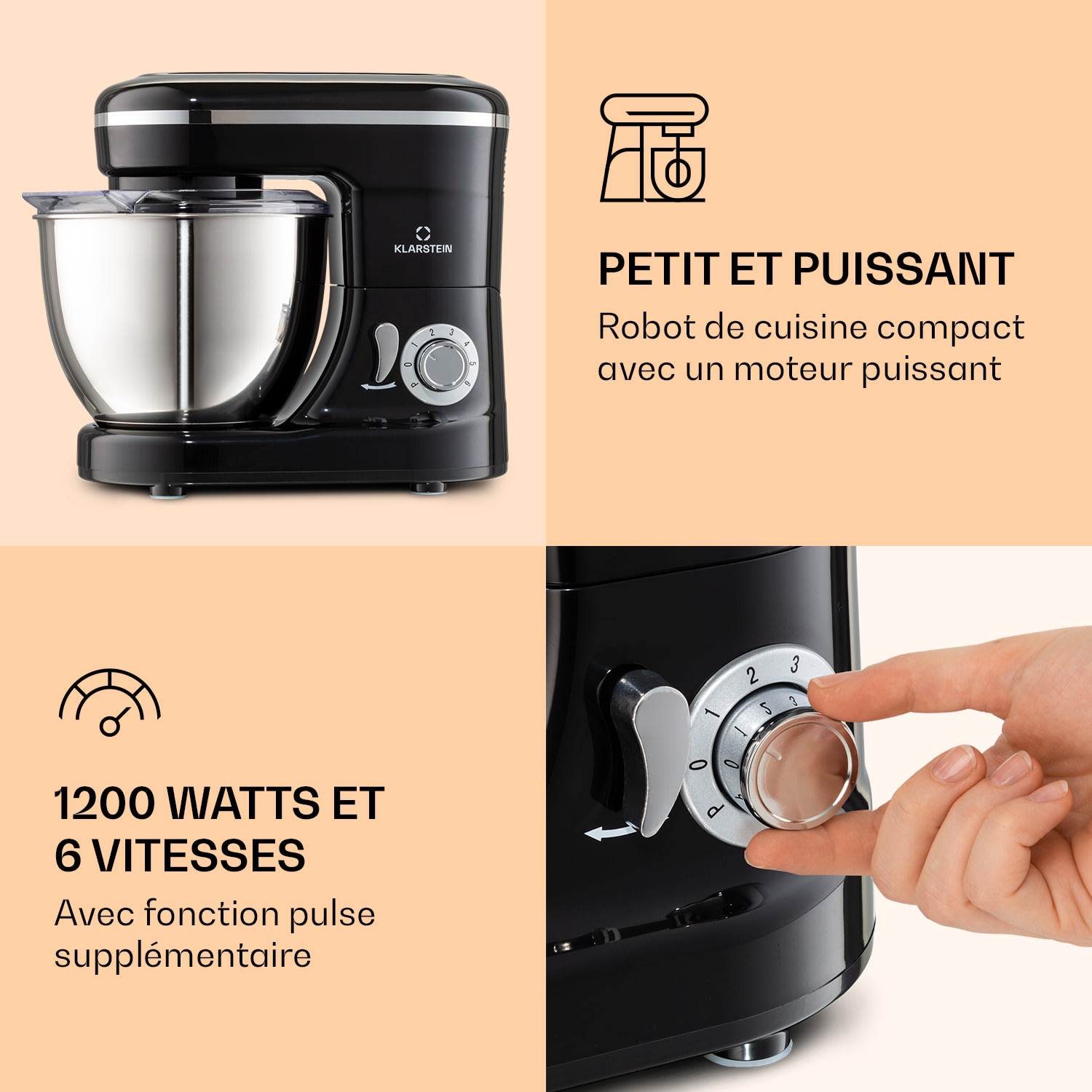 Bella Mini batteur 1200 W 6 vitesses 4 litres inox fonction pulse Noir