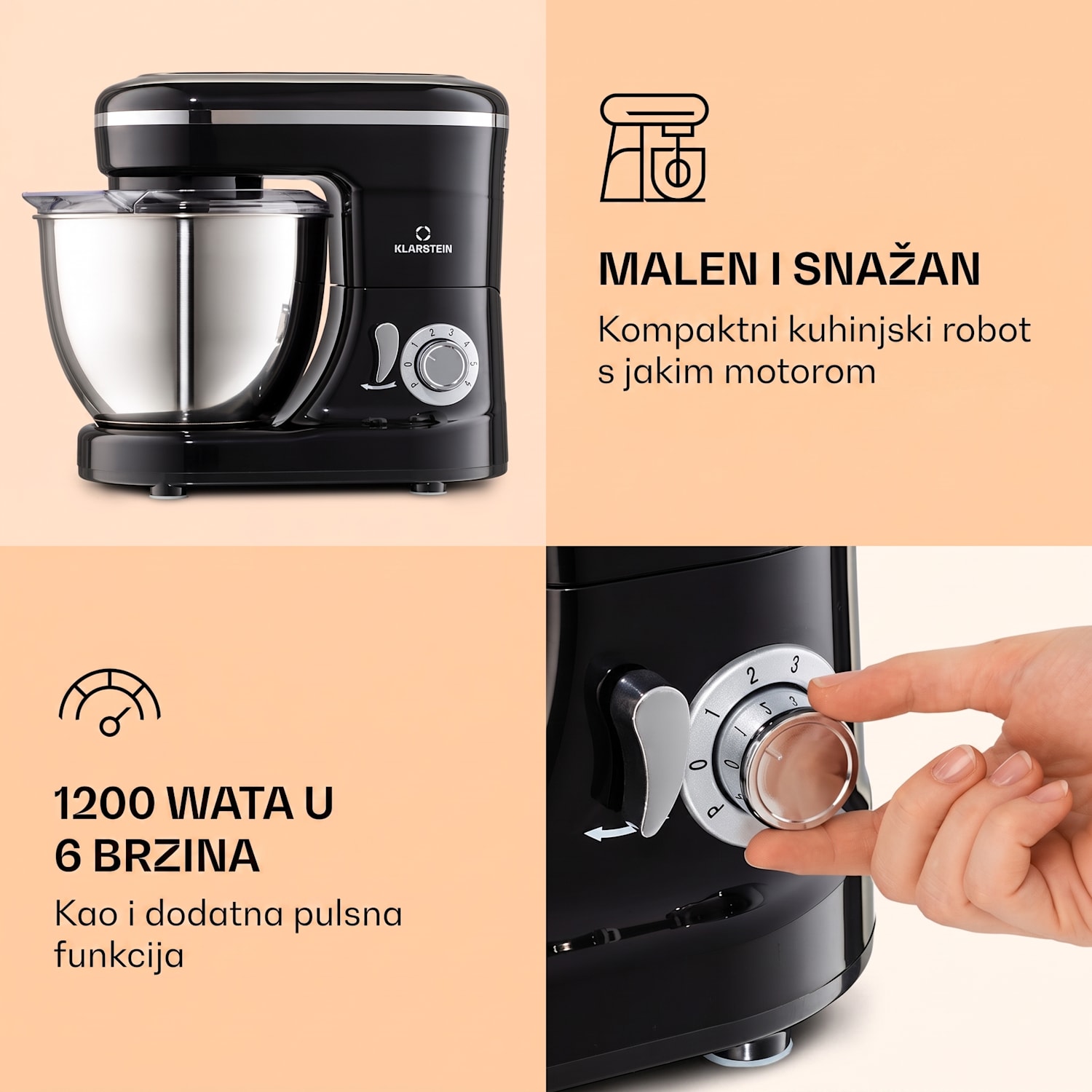 Bella Mini robot za miješanje 1200 W 6 koraka 4 litre Nehrđajući čelik Pulsna funkcija Crna