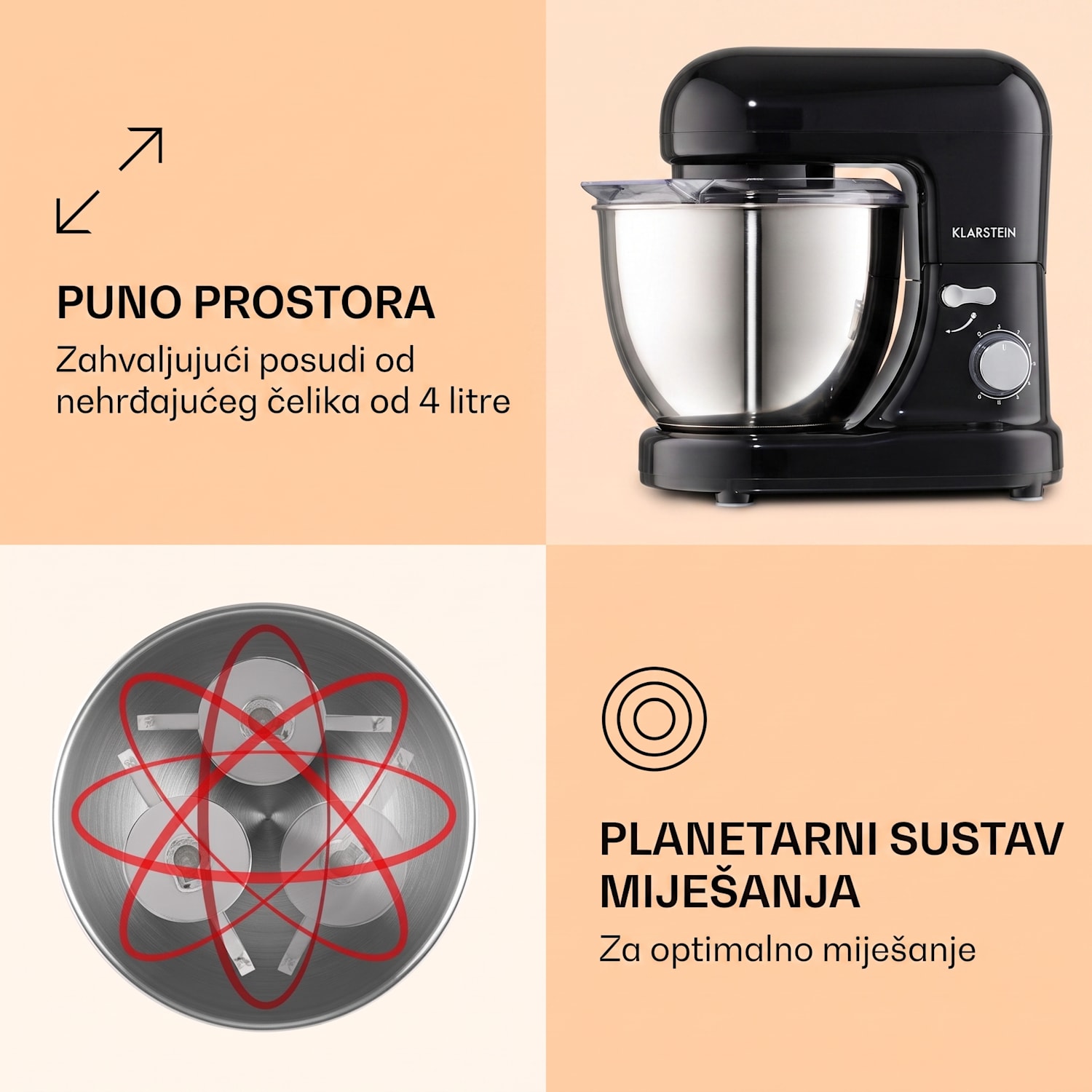 Bella Mini robot za miješanje 1200 W 6 koraka 4 litre Nehrđajući čelik Pulsna funkcija Crna