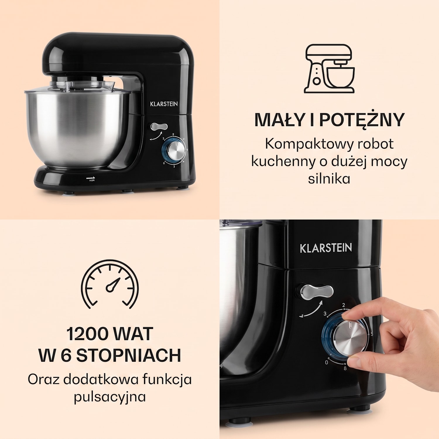 Bella Mini, robot kuchenny, 1200 W, 6 biegów, 4 l, stal nierdzewna, tryb pulsacyjny Czarny
