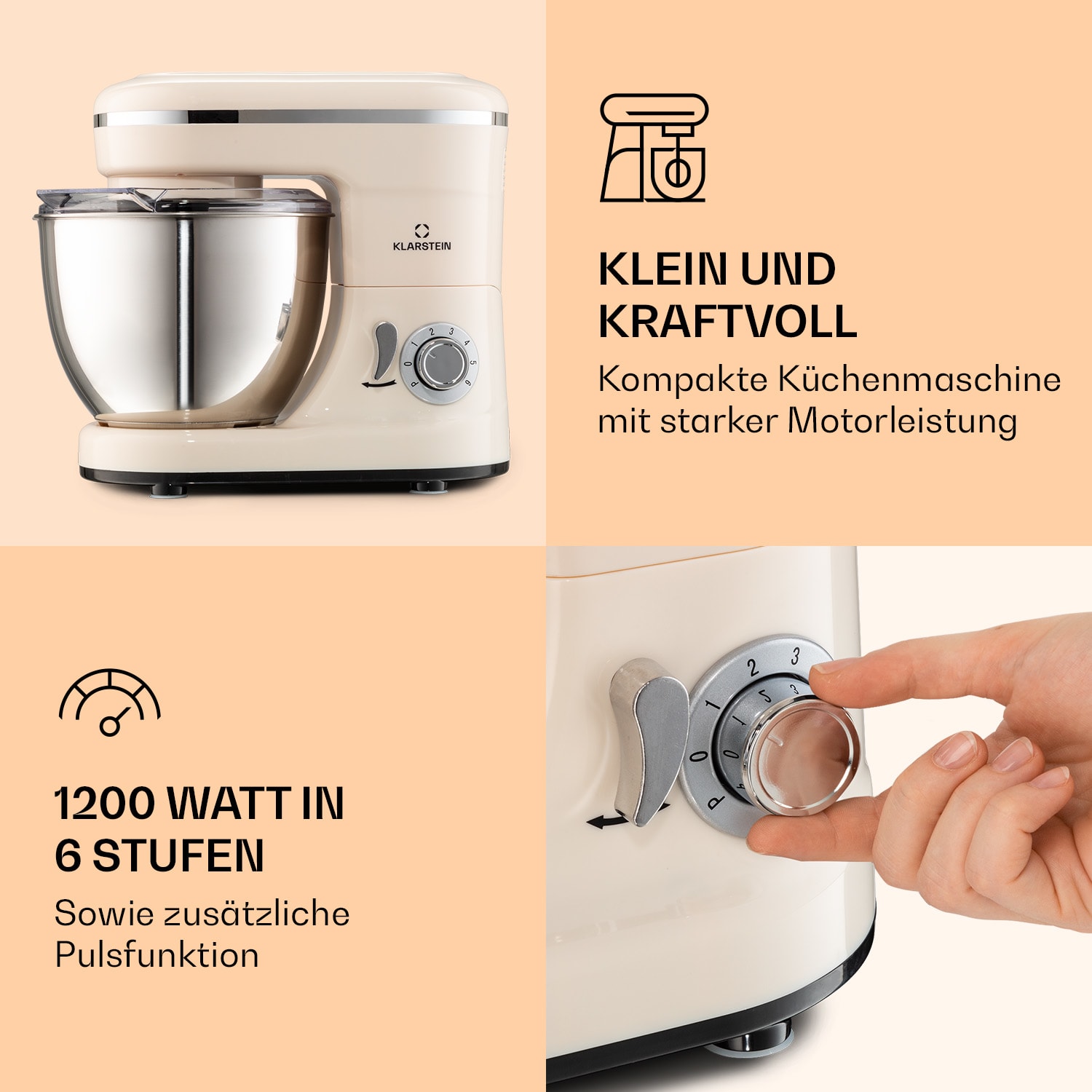 Bella Mini - Mixer da cucina, 1200 W, 6 livelli di potenza, 4 litri, acciaio inox, funzione a impulsi Crema vintage