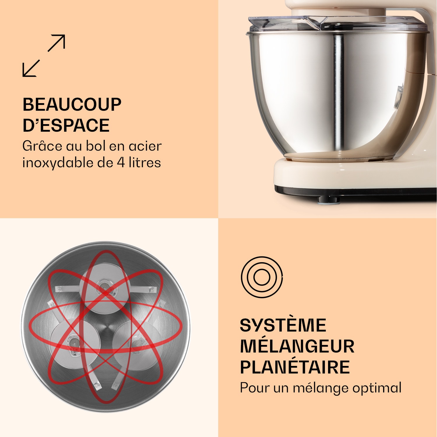 Bella Mini batteur 1200 W 6 vitesses 4 litres inox fonction pulse Crème Vintage
