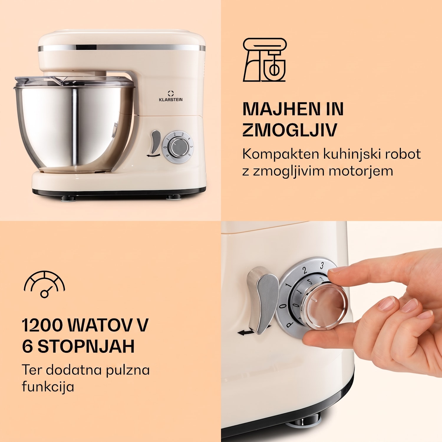 Bella Mini robot za mešanje 1200 W 6 stopenj 4 litri iz nerjavečega jekla Pulzna funkcija Vintage kremna