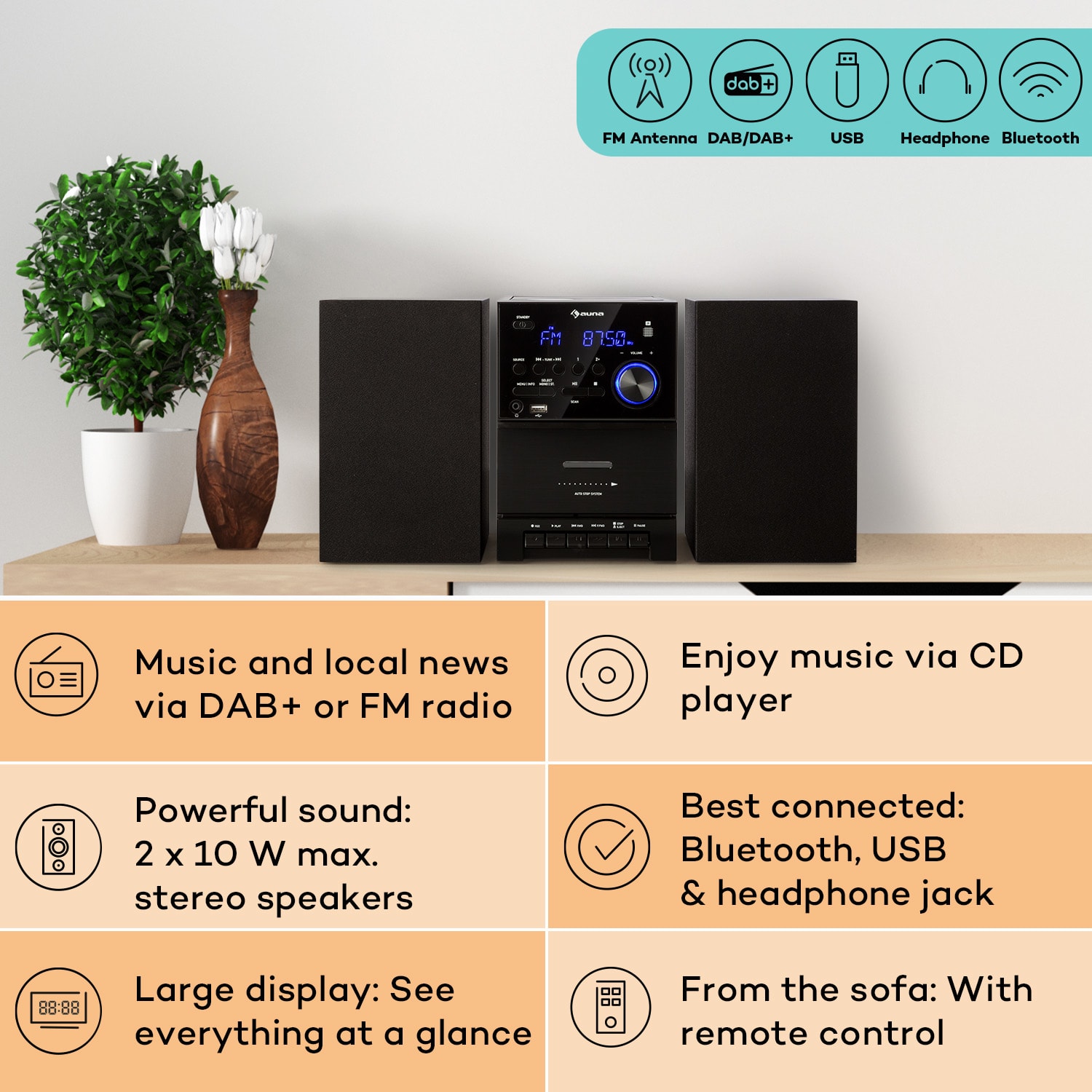 MC-40, wieża stereo DAB, FM/DAB+, Bluetooth, CD, kaseta, USB, pilot Czarny