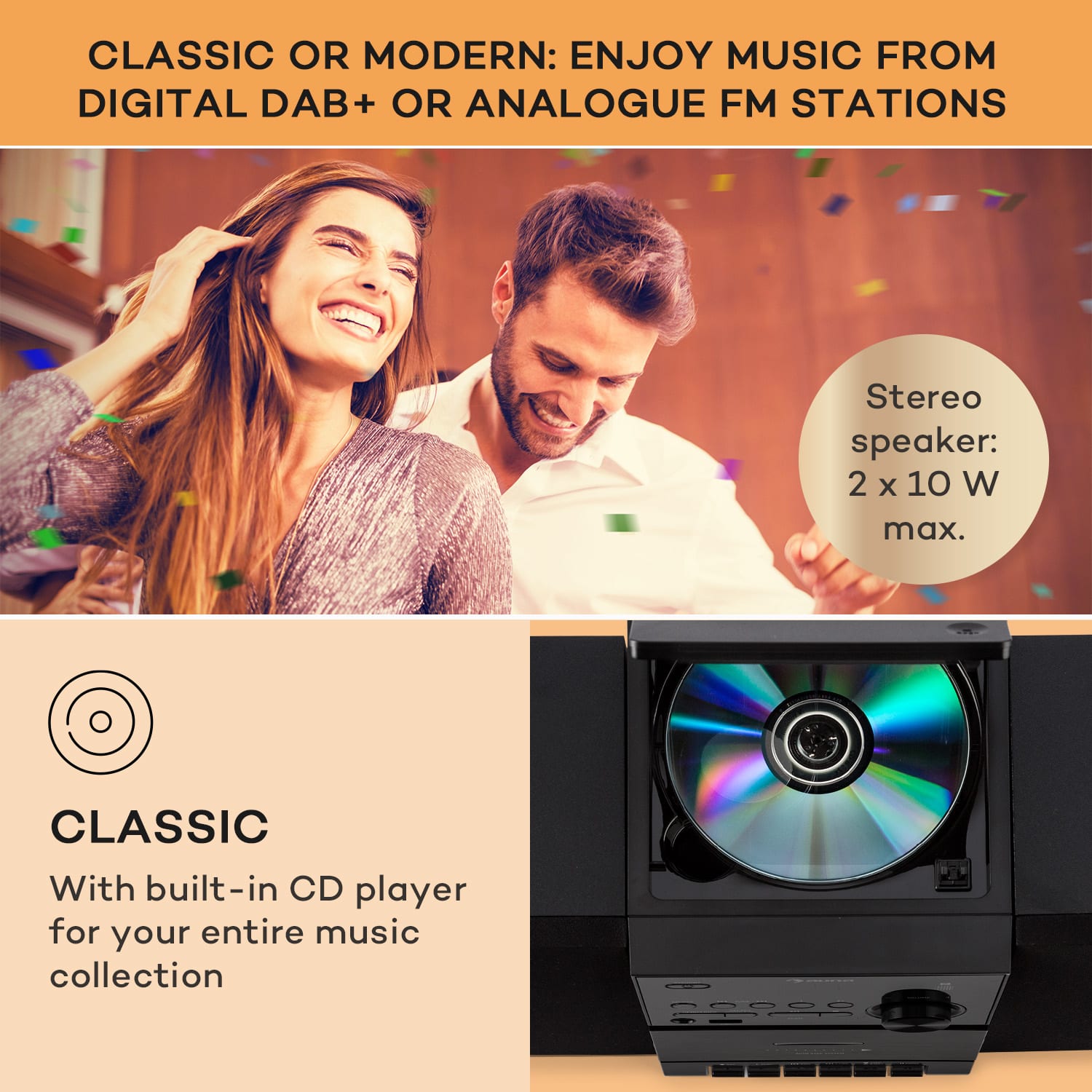 MC-40, wieża stereo DAB, FM/DAB+, Bluetooth, CD, kaseta, USB, pilot Czarny