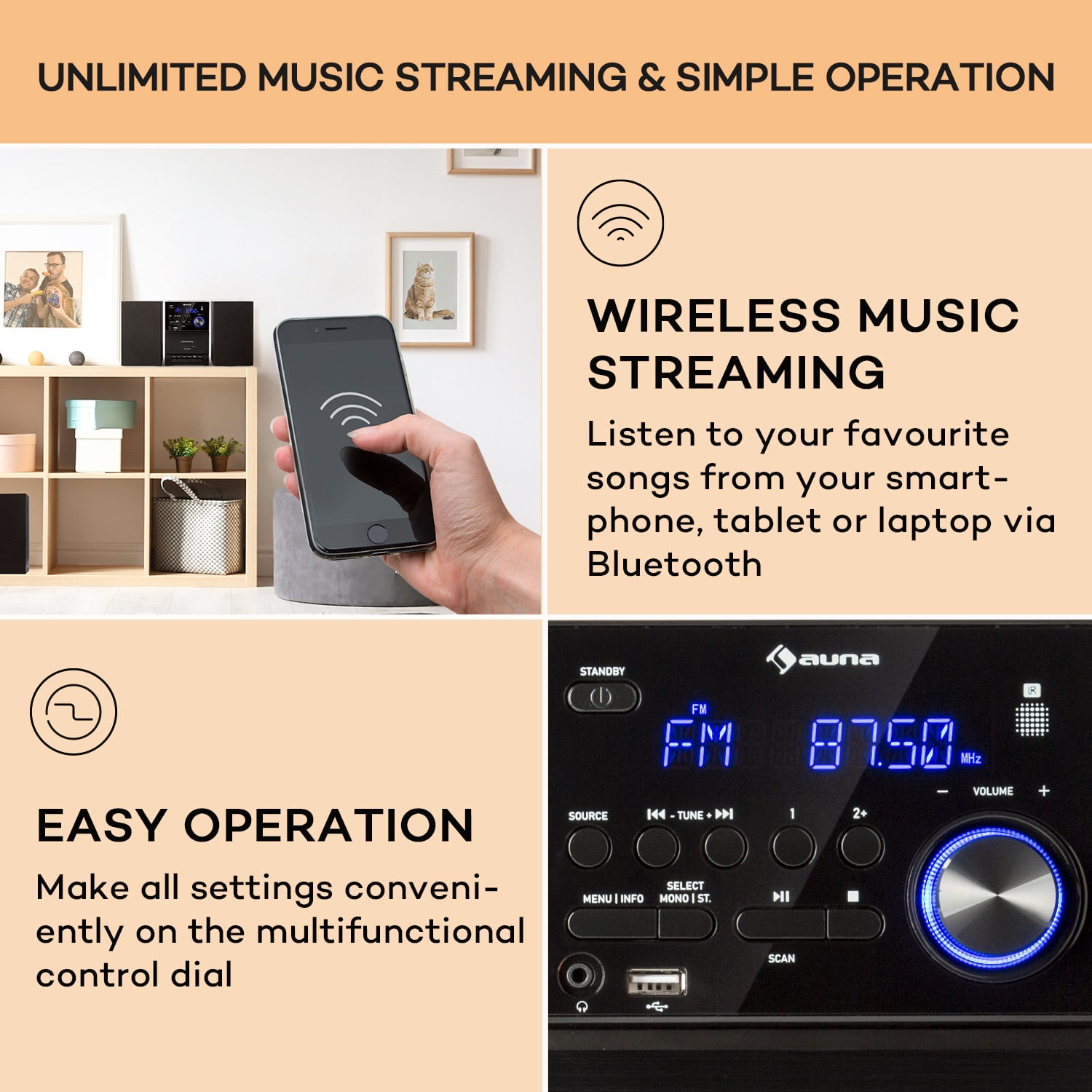 MC-40, wieża stereo DAB, FM/DAB+, Bluetooth, CD, kaseta, USB, pilot Czarny