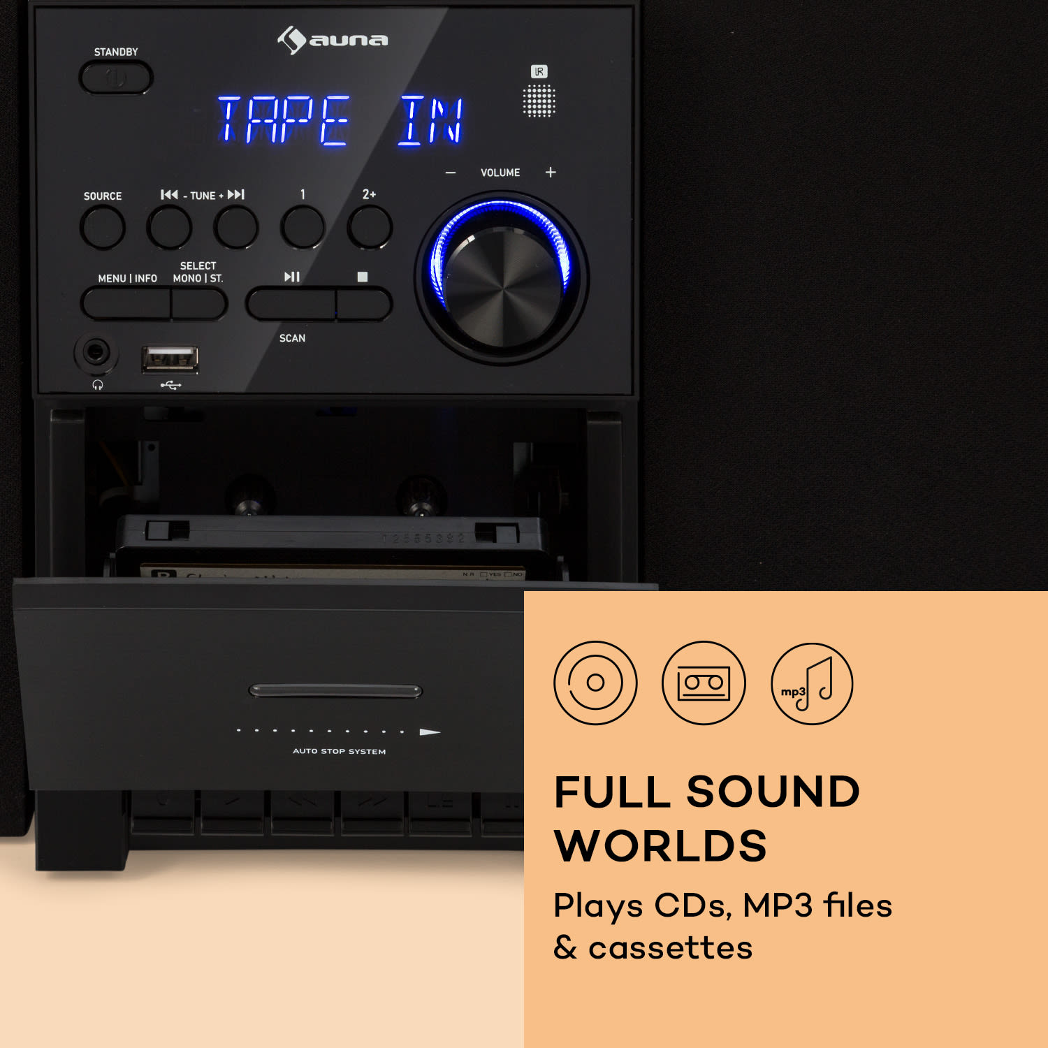 MC-40, wieża stereo DAB, FM/DAB+, Bluetooth, CD, kaseta, USB, pilot Czarny