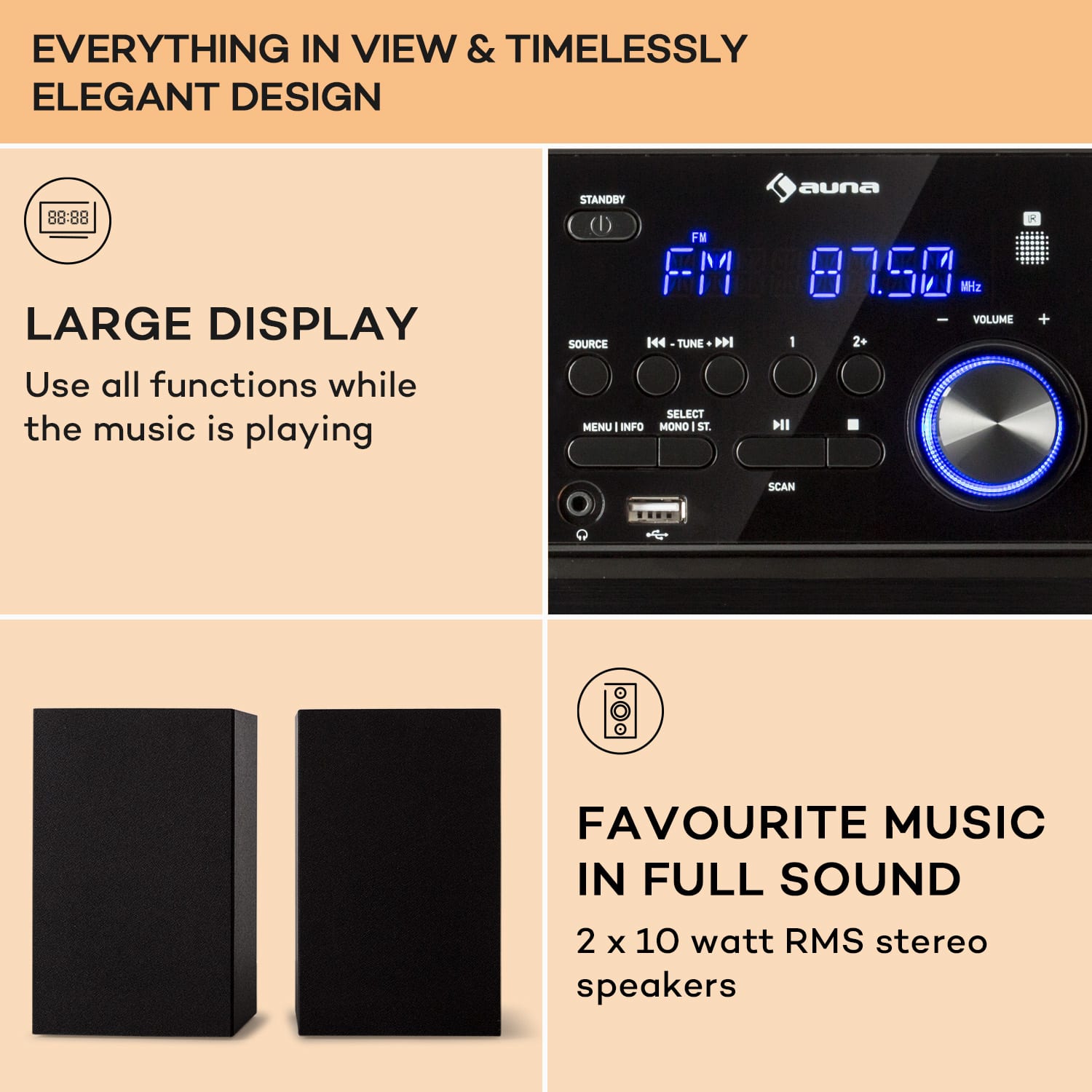 MC-40, wieża stereo DAB, FM/DAB+, Bluetooth, CD, kaseta, USB, pilot Czarny