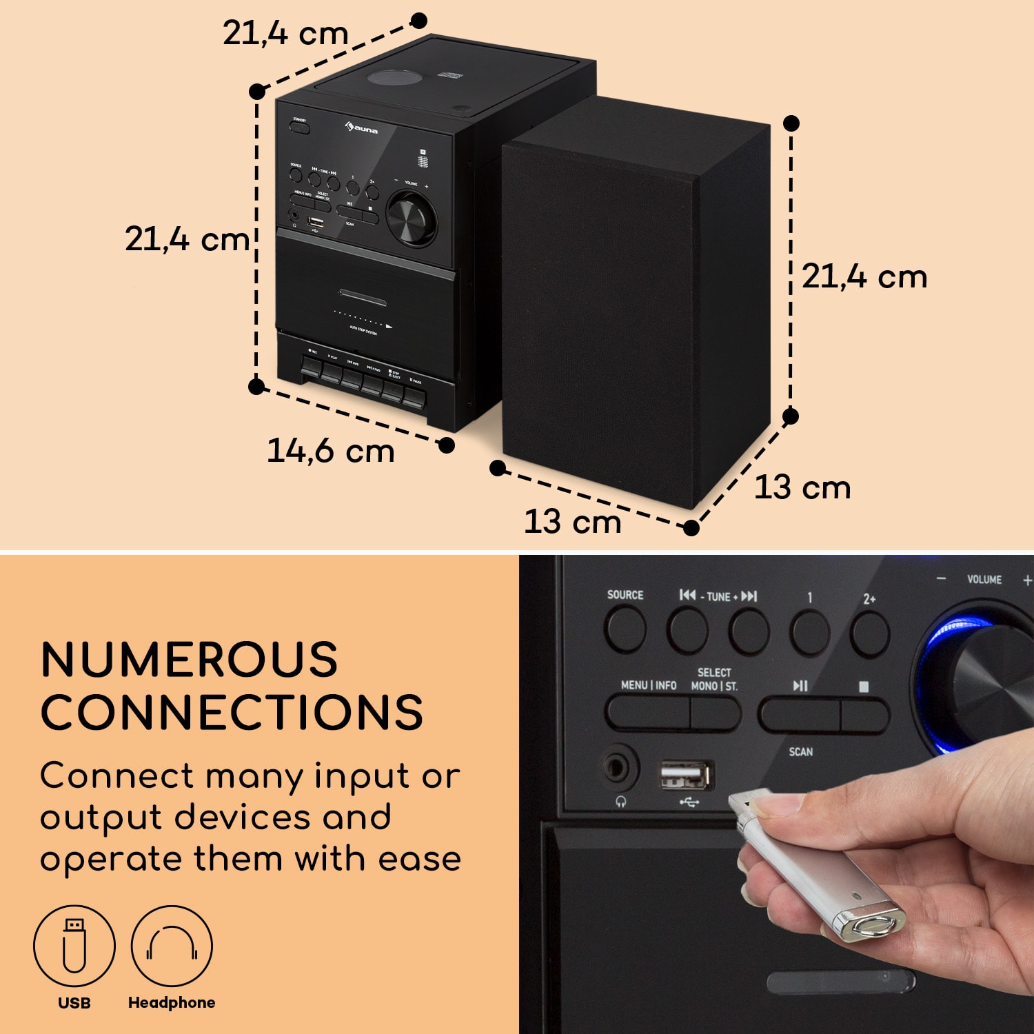 MC-40, wieża stereo DAB, FM/DAB+, Bluetooth, CD, kaseta, USB, pilot Czarny