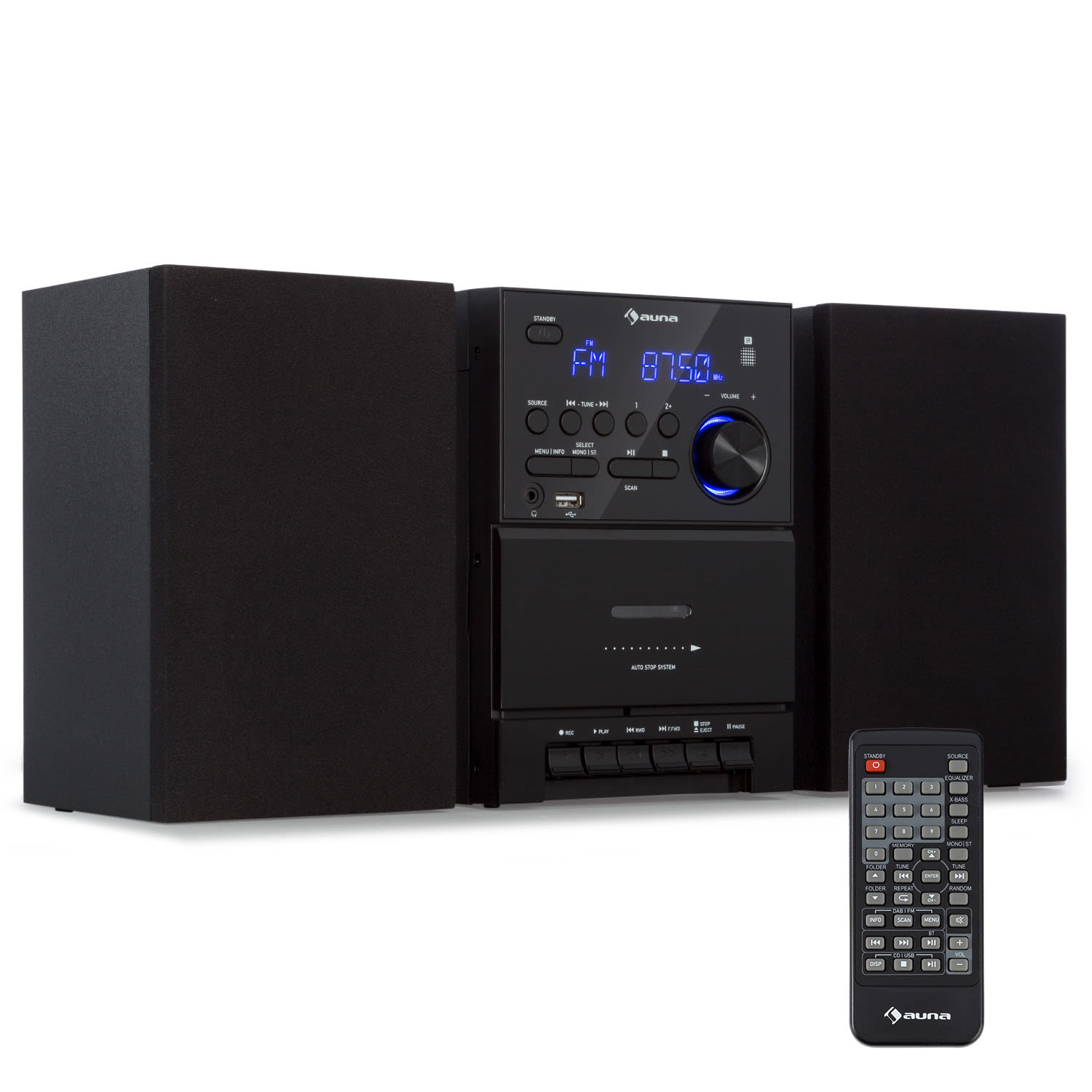 MC-40, wieża stereo DAB, FM/DAB+, Bluetooth, CD, kaseta, USB, pilot Czarny