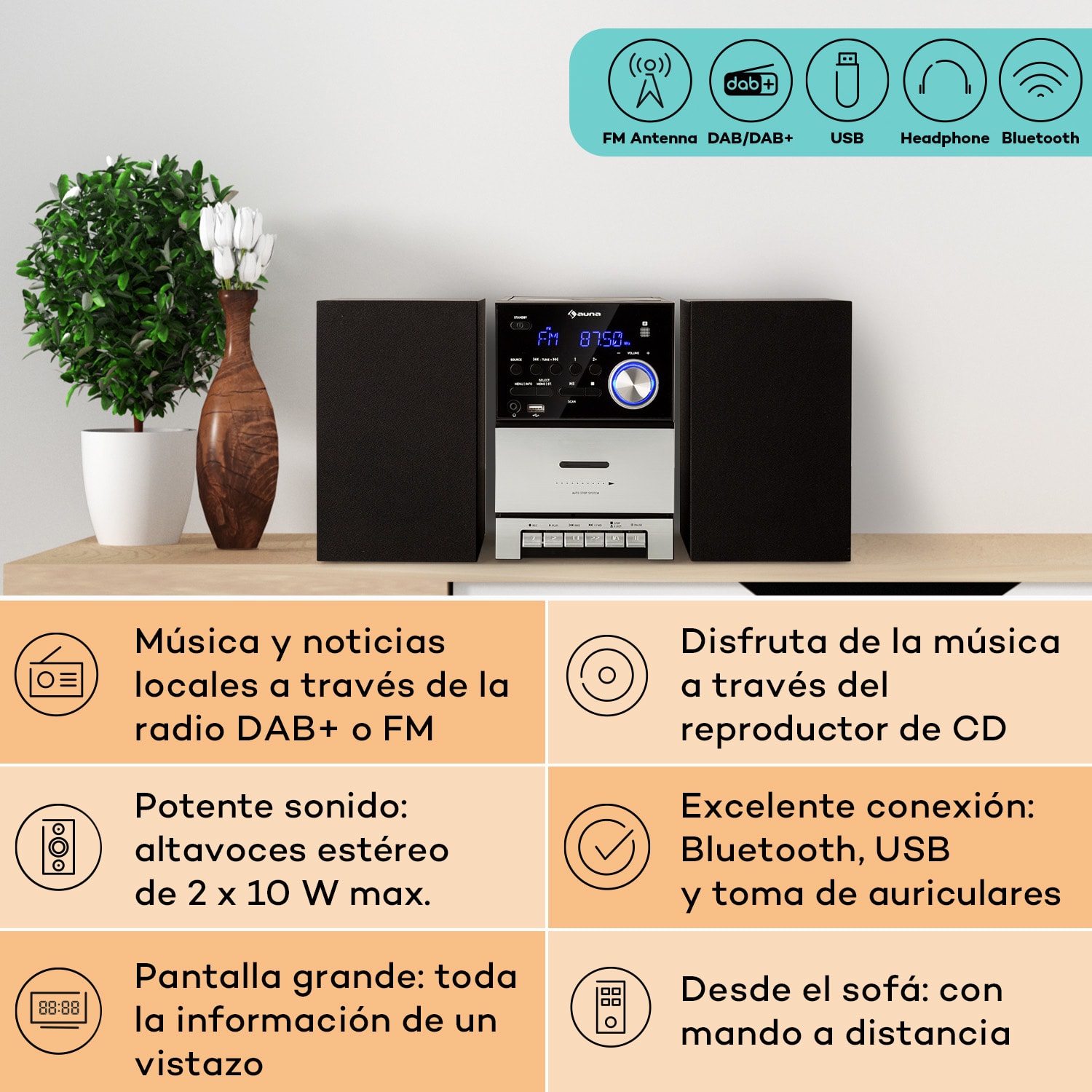 MC-40 DAB Equipo estéreo FM/DAB+ Bluetooth CD Casete USB Mando a distancia  Plata