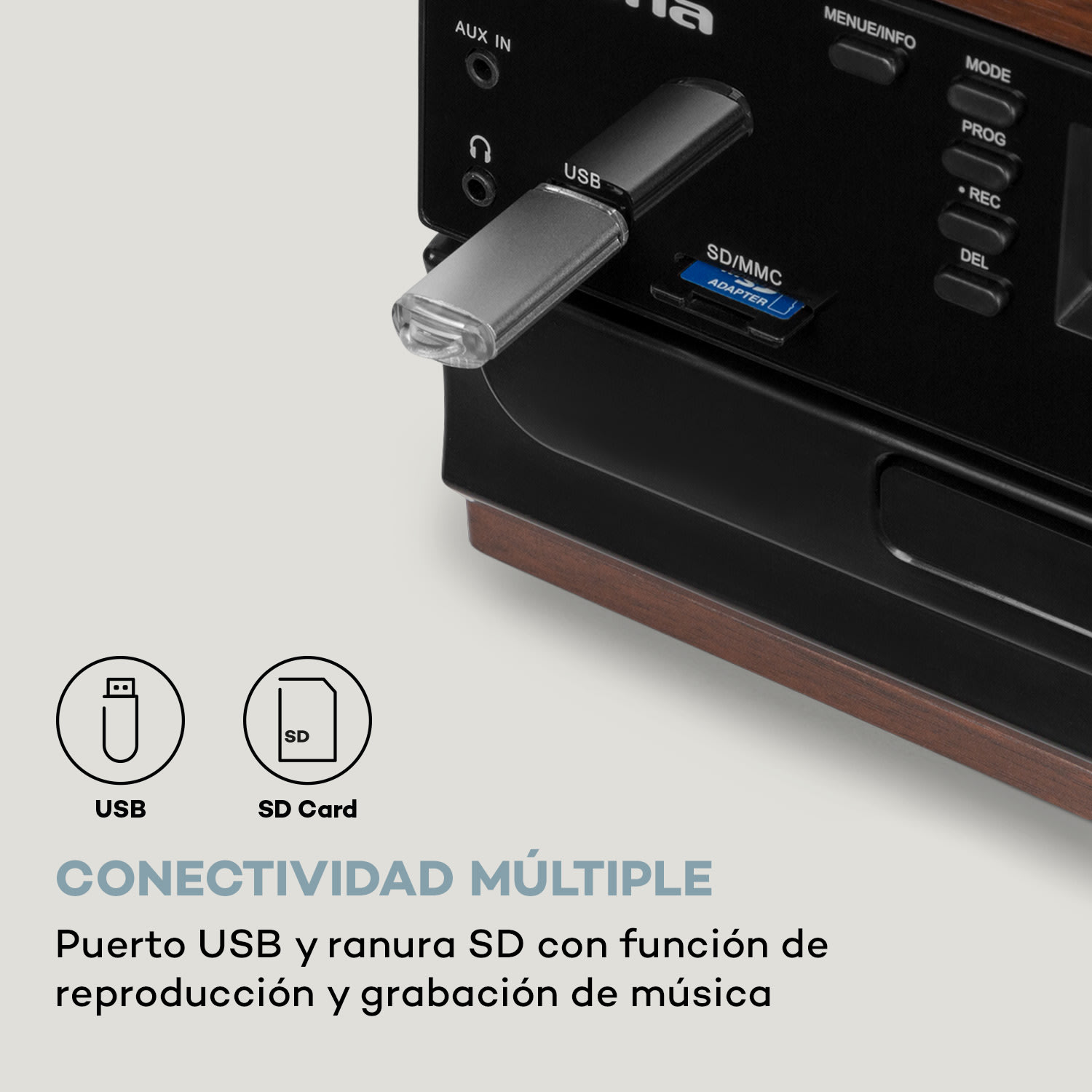 Equipo estéreo Oakland DAB Retro DAB+/FM Función BT Vinilo CD Cassette Nuez