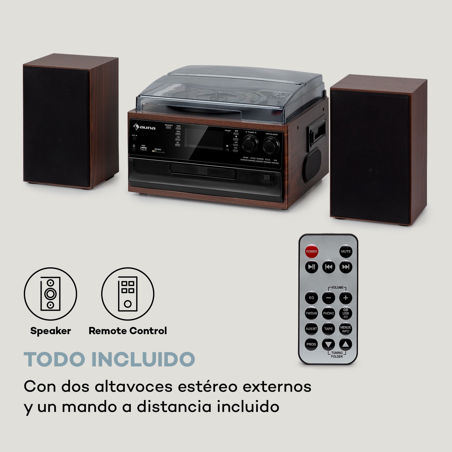 Equipo estéreo Oakland DAB Retro DAB+/FM Función BT Vinilo CD Cassette Nuez