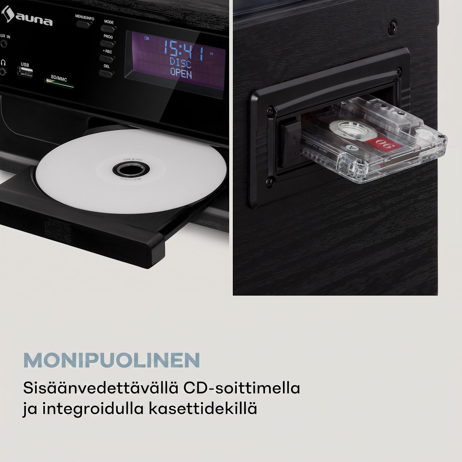 Oakland DAB Plus -retro-stereolaite DAB+/FM BT-toiminto vinyyli CD kasetti sis. kaiuttimet Musta
