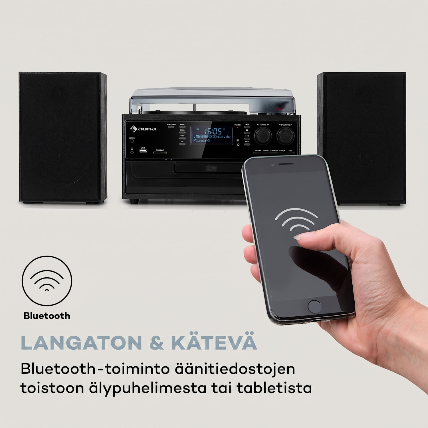 Oakland DAB Plus -retro-stereolaite DAB+/FM BT-toiminto vinyyli CD kasetti sis. kaiuttimet Musta
