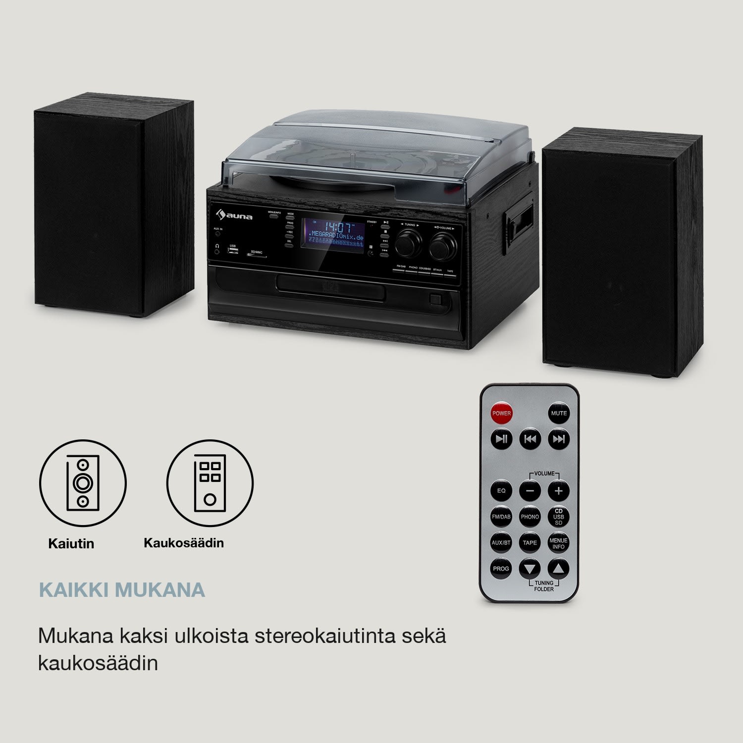 Oakland DAB Plus -retro-stereolaite DAB+/FM BT-toiminto vinyyli CD kasetti sis. kaiuttimet Musta