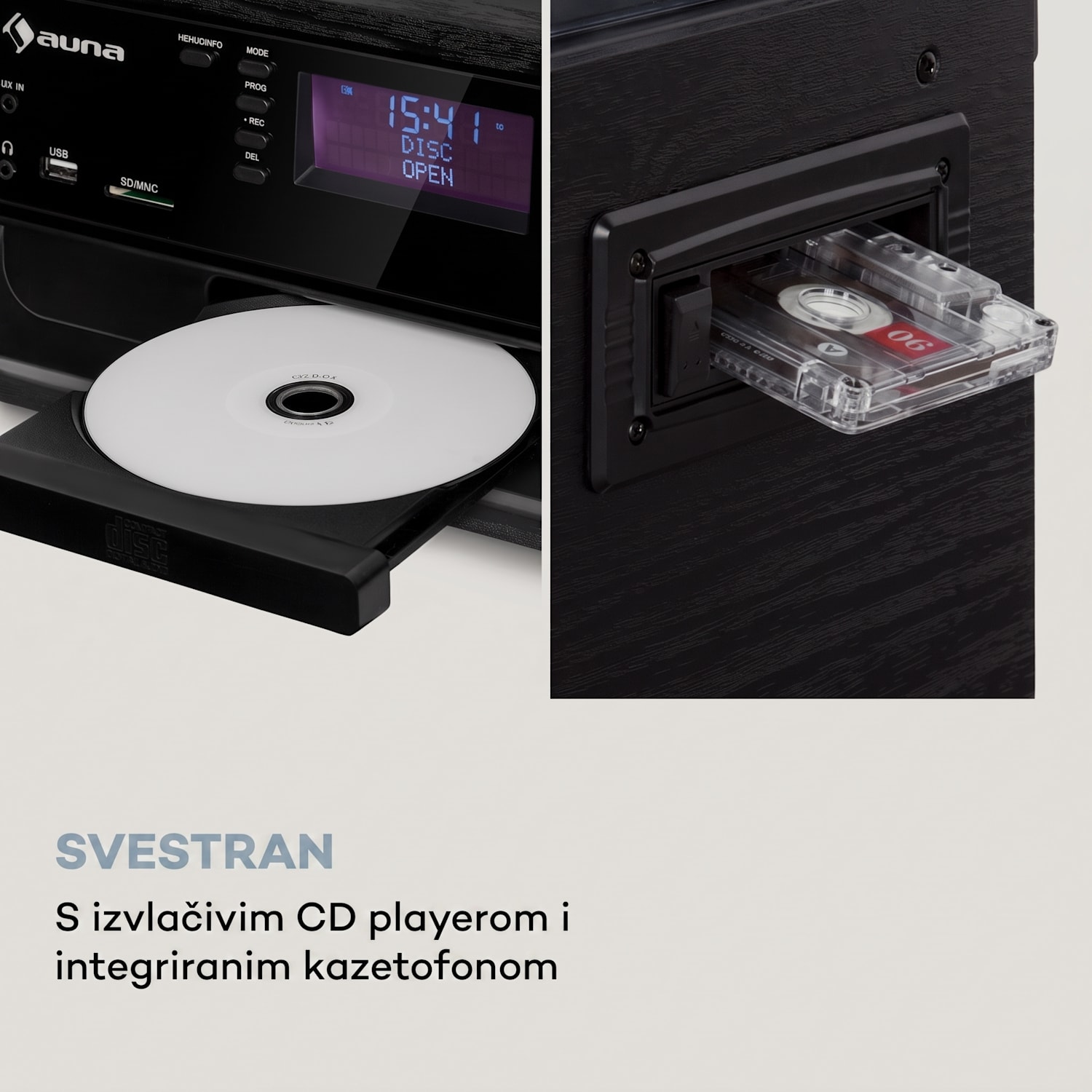 Oakland DAB Plus, retro stereo sustav, DAB +/- FM, BT funkcija, vinil, CD player, kasetofon. uključujući zvučnike Crna