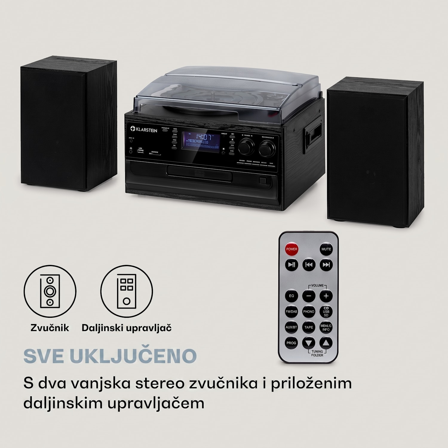 Oakland DAB Plus, retro stereo sustav, DAB +/- FM, BT funkcija, vinil, CD player, kasetofon. uključujući zvučnike Crna