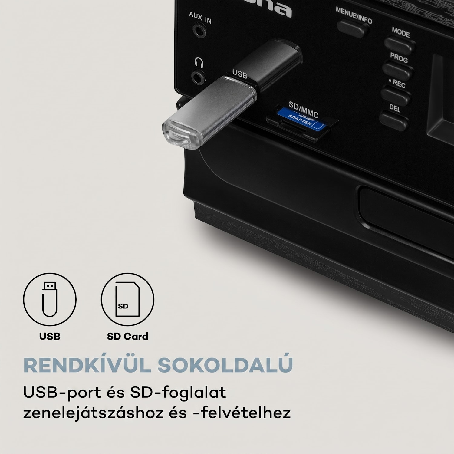 Oakland DAB Plus, retro sztereó rendszer, DAB+/FM, BT funkció, bakelit, CD-lejátszó, kazettalejátszó. mellékelve hangszórók Fekete