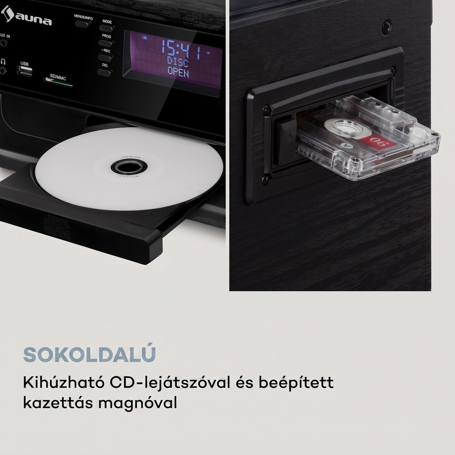 Oakland DAB Plus, retro sztereó rendszer, DAB+/FM, BT funkció, bakelit, CD-lejátszó, kazettalejátszó. mellékelve hangszórók Fekete