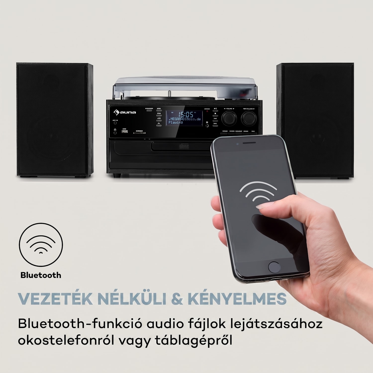 Oakland DAB Plus, retro sztereó rendszer, DAB+/FM, BT funkció, bakelit, CD-lejátszó, kazettalejátszó. mellékelve hangszórók Fekete