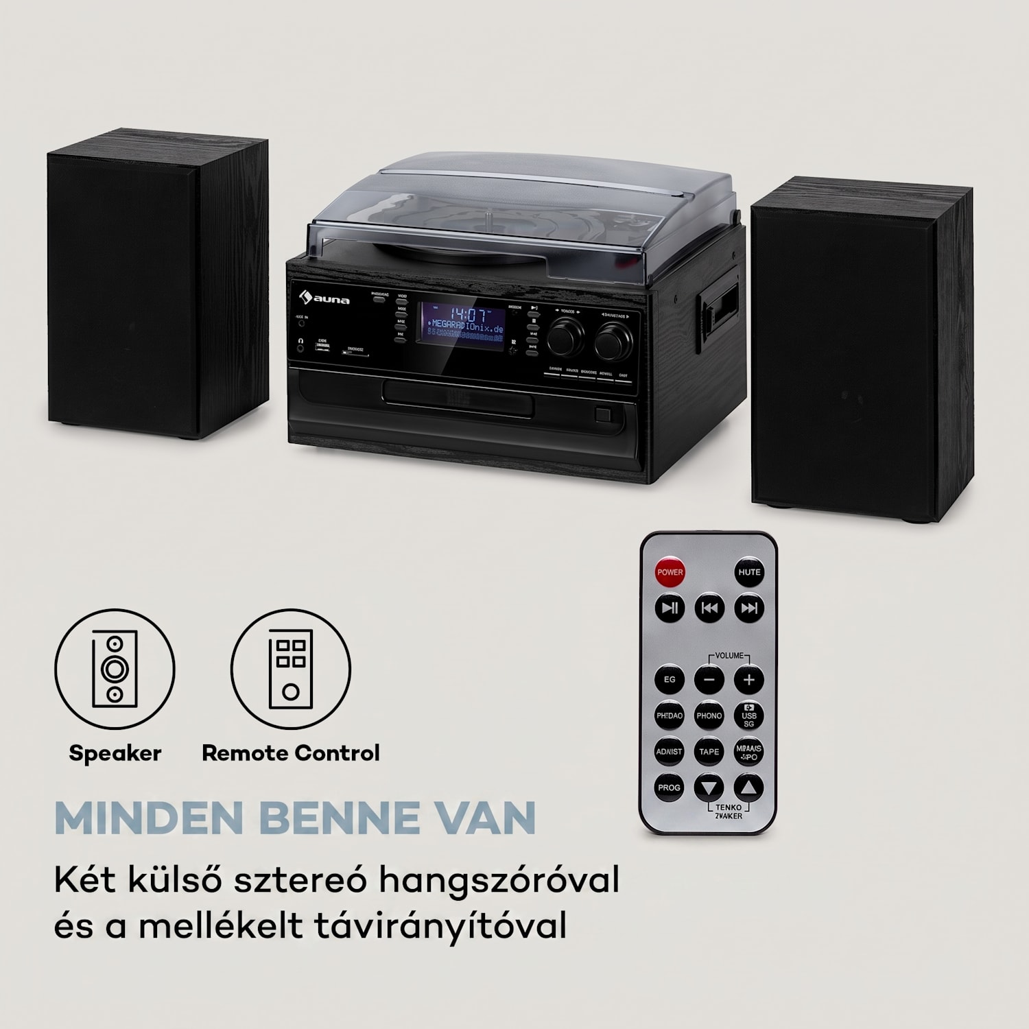 Oakland DAB Plus, retro sztereó rendszer, DAB+/FM, BT funkció, bakelit, CD-lejátszó, kazettalejátszó. mellékelve hangszórók Fekete
