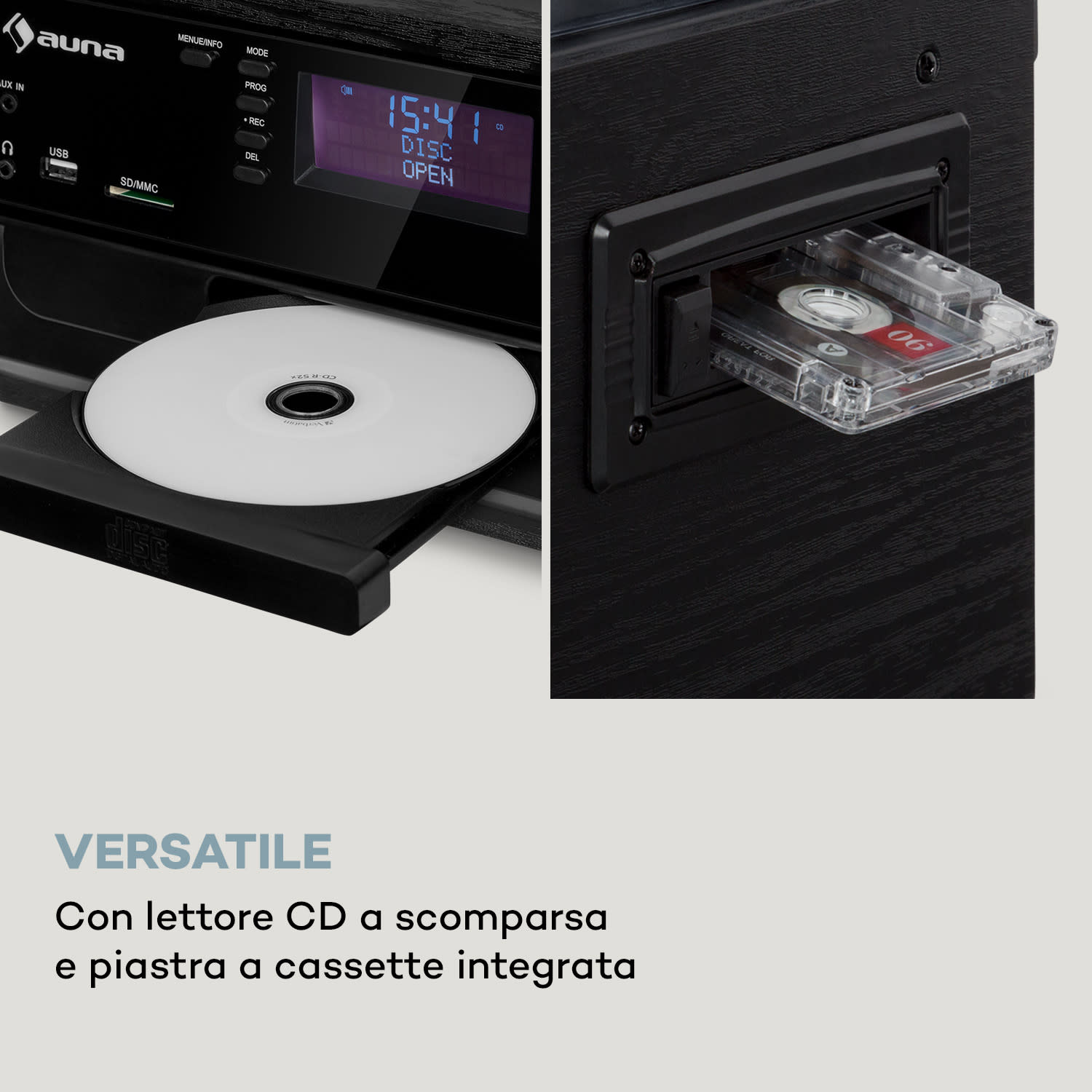 Impianto stero vintage Oakland DAB Plus DAB+/FM BT Funzione Vinile CD Cassetta, inclusi altoparlanti Nero