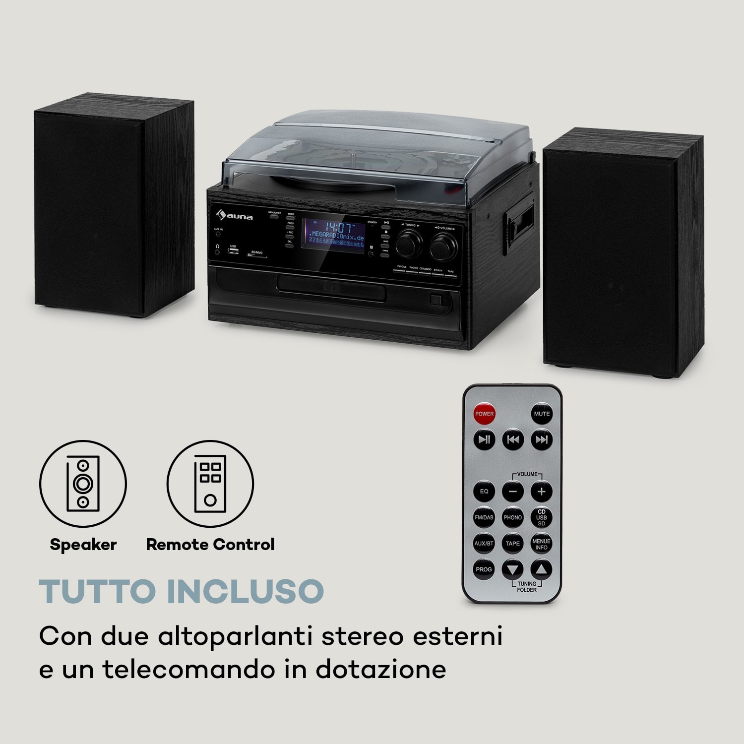 Impianto stero vintage Oakland DAB Plus DAB+/FM BT Funzione Vinile CD Cassetta, inclusi altoparlanti Nero