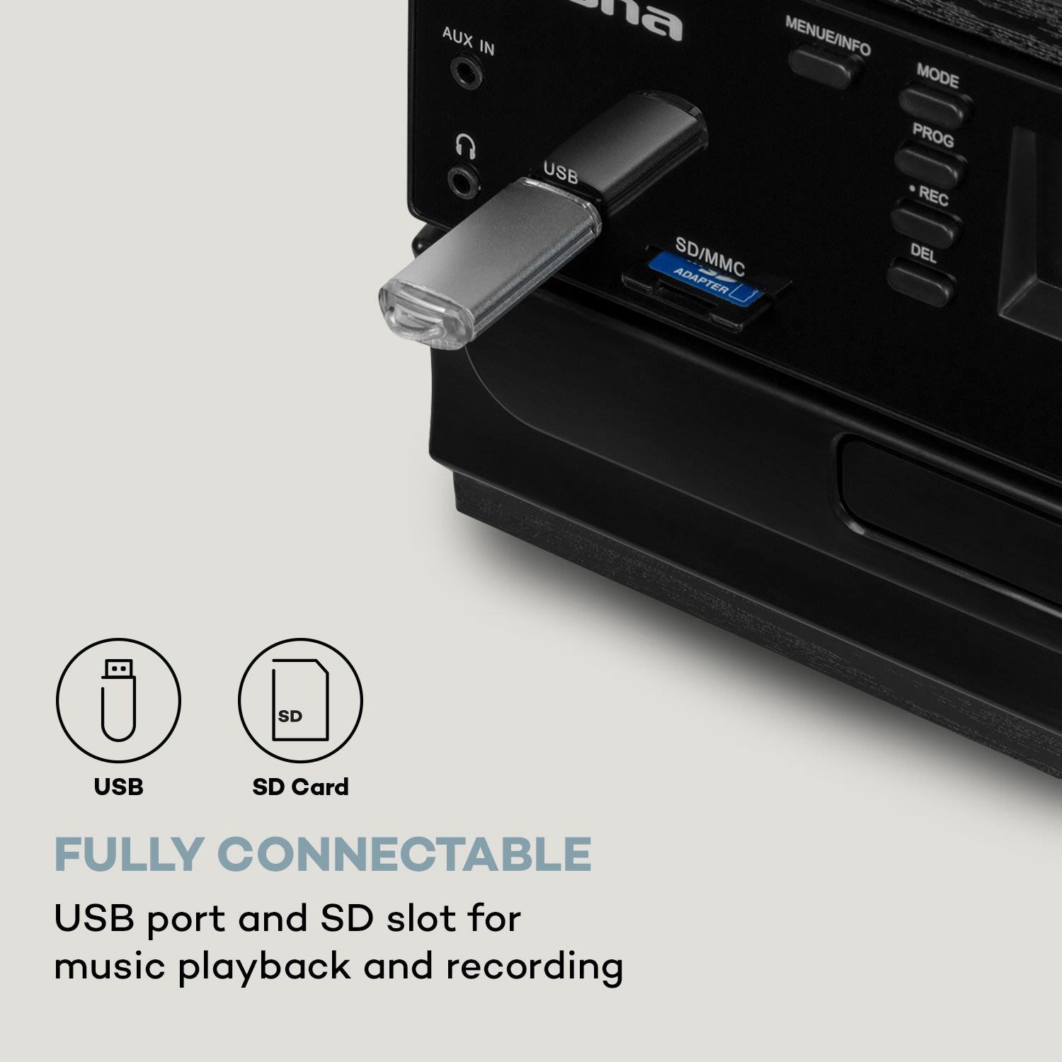 Oakland DAB Plus, retro sztereó rendszer, DAB+/FM, BT funkció, bakelit, CD-lejátszó, kazettalejátszó. mellékelve hangszórók Fekete