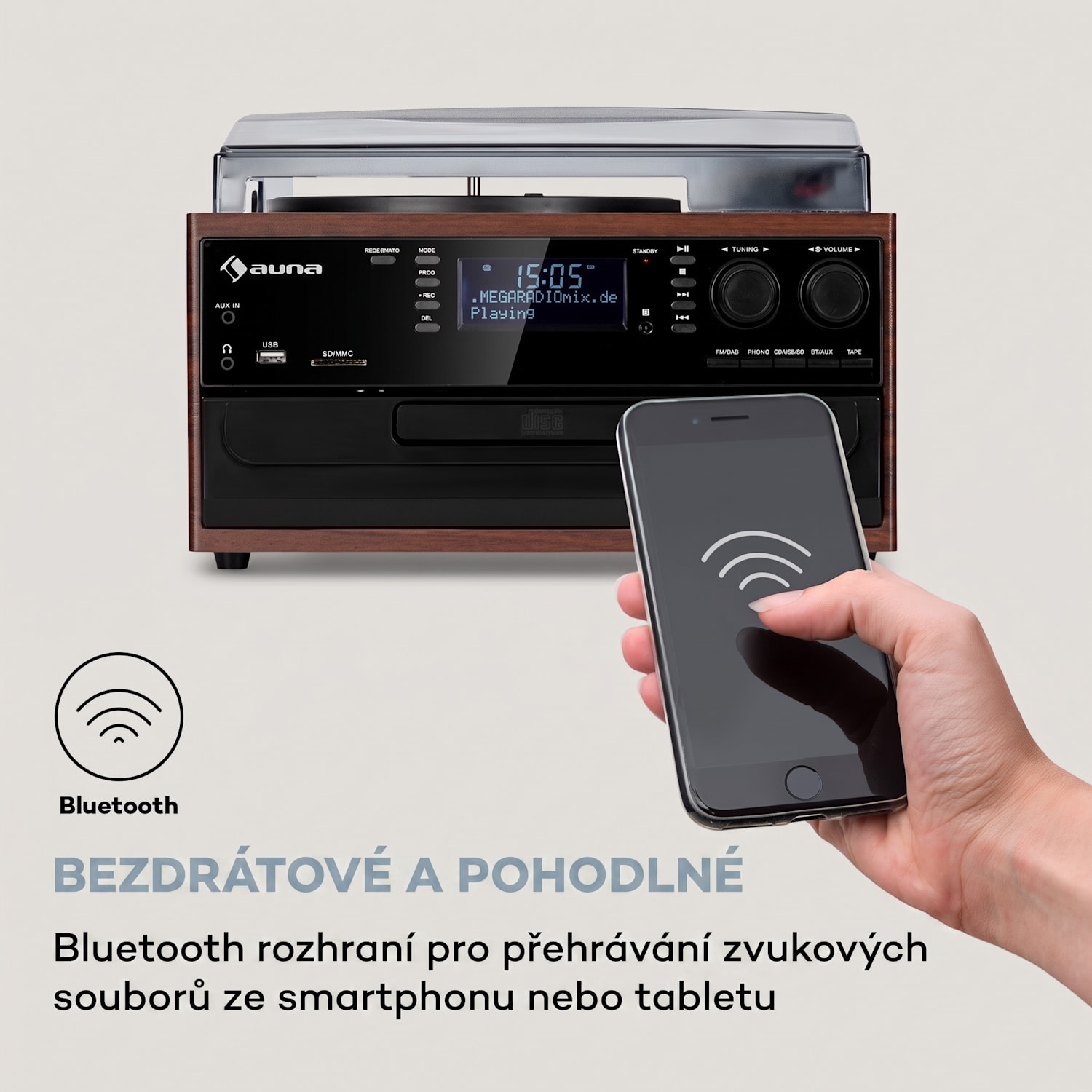 Oakland DAB, retro stereo systém, DAB+/FM, funkce BT, vinyl, CD, kazetový přehrávač Ořech
