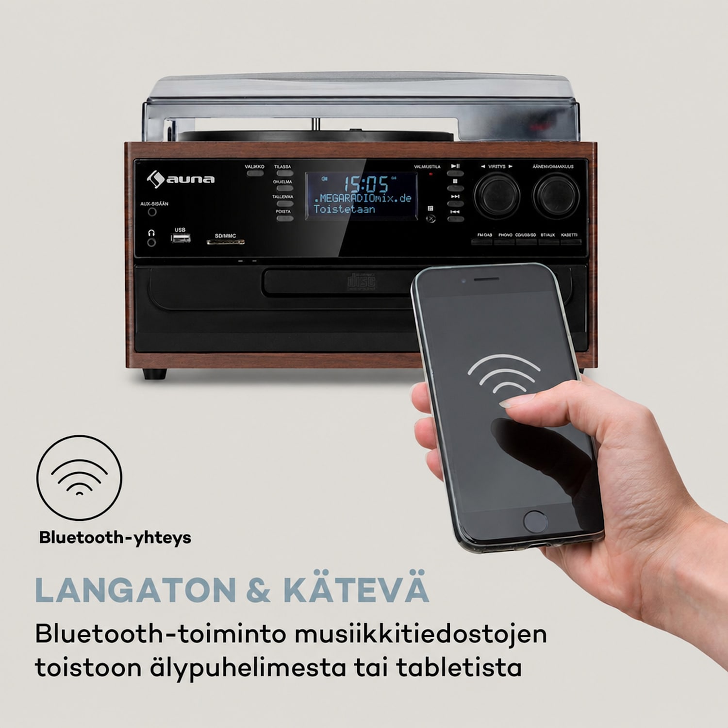 Oakland DAB -retro-stereolaite DAB+/FM BT-toiminto vinyyli CD kasetti Pähkinä
